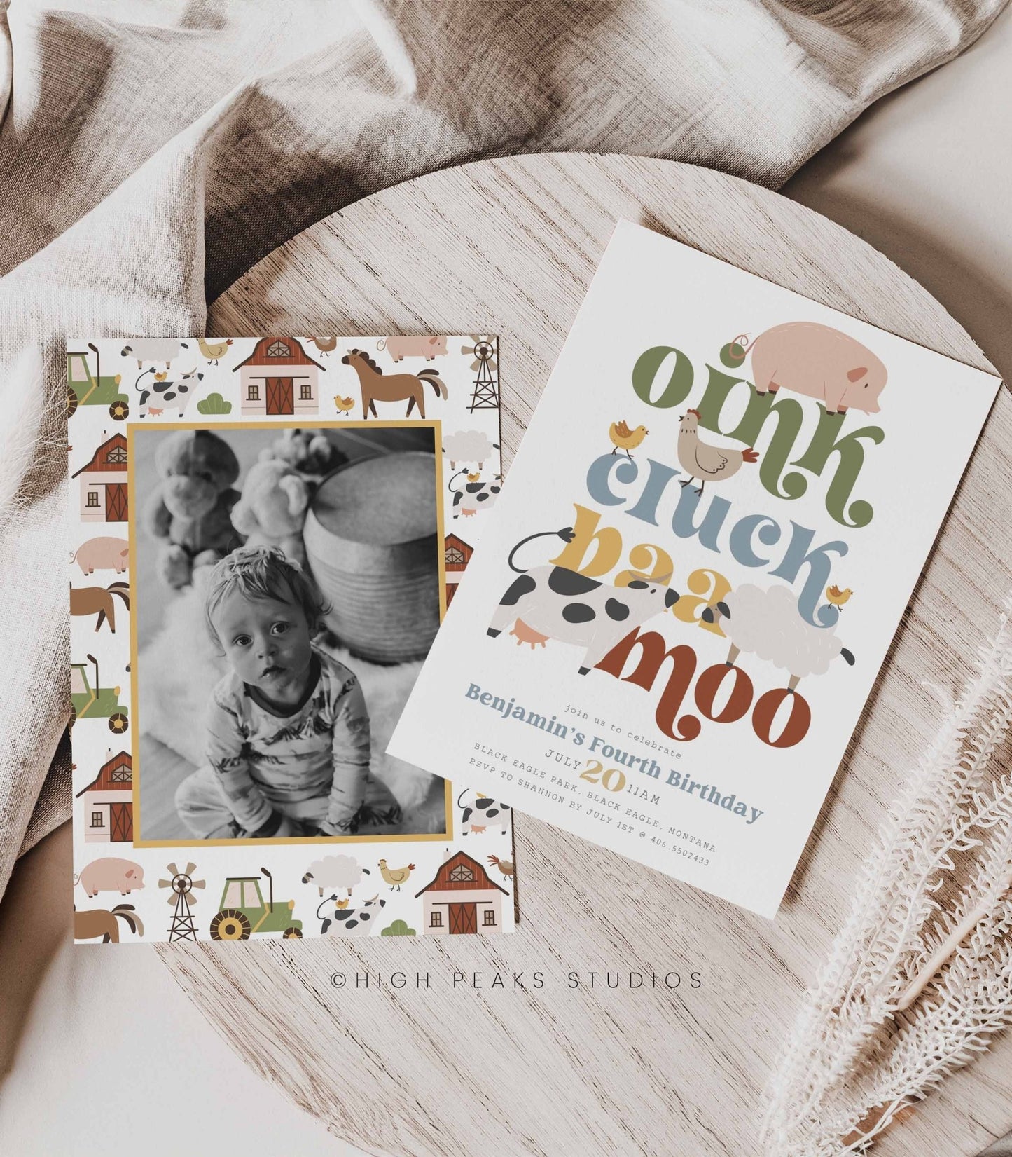 Modern Farm Animal Birthday Invitation - High Peaks Studios