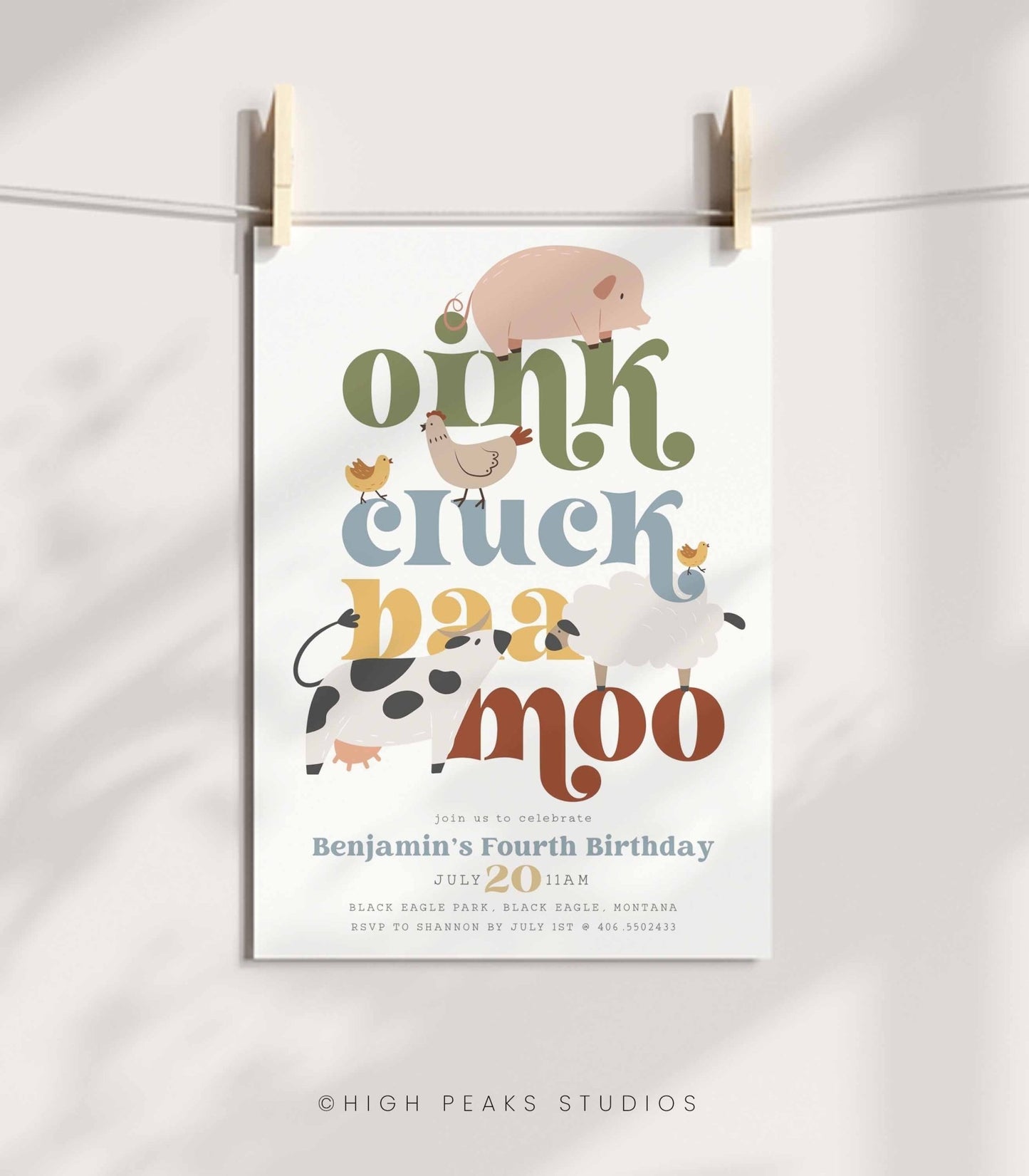 Modern Farm Animal Birthday Invitation - High Peaks Studios