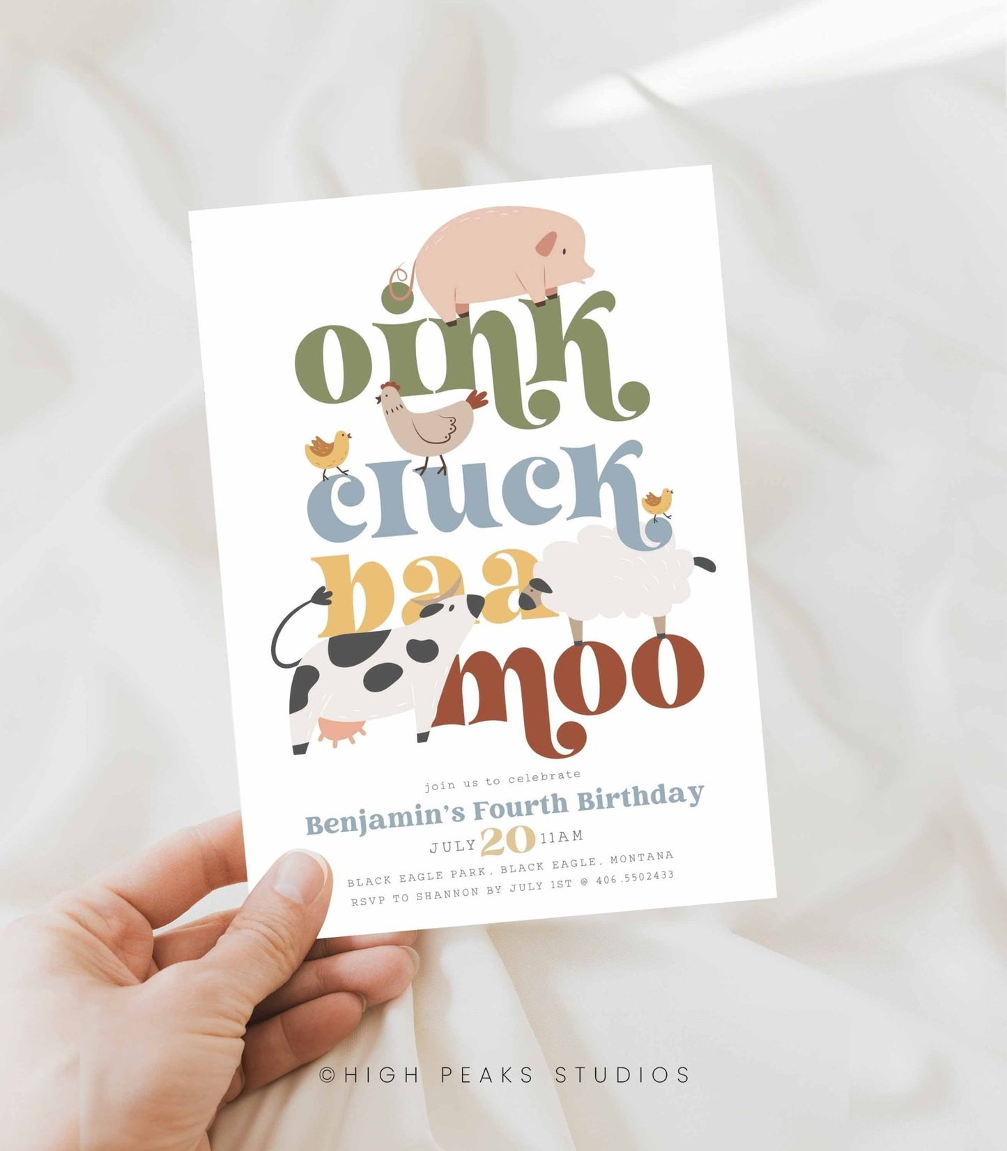 Modern Farm Animal Birthday Invitation - High Peaks Studios