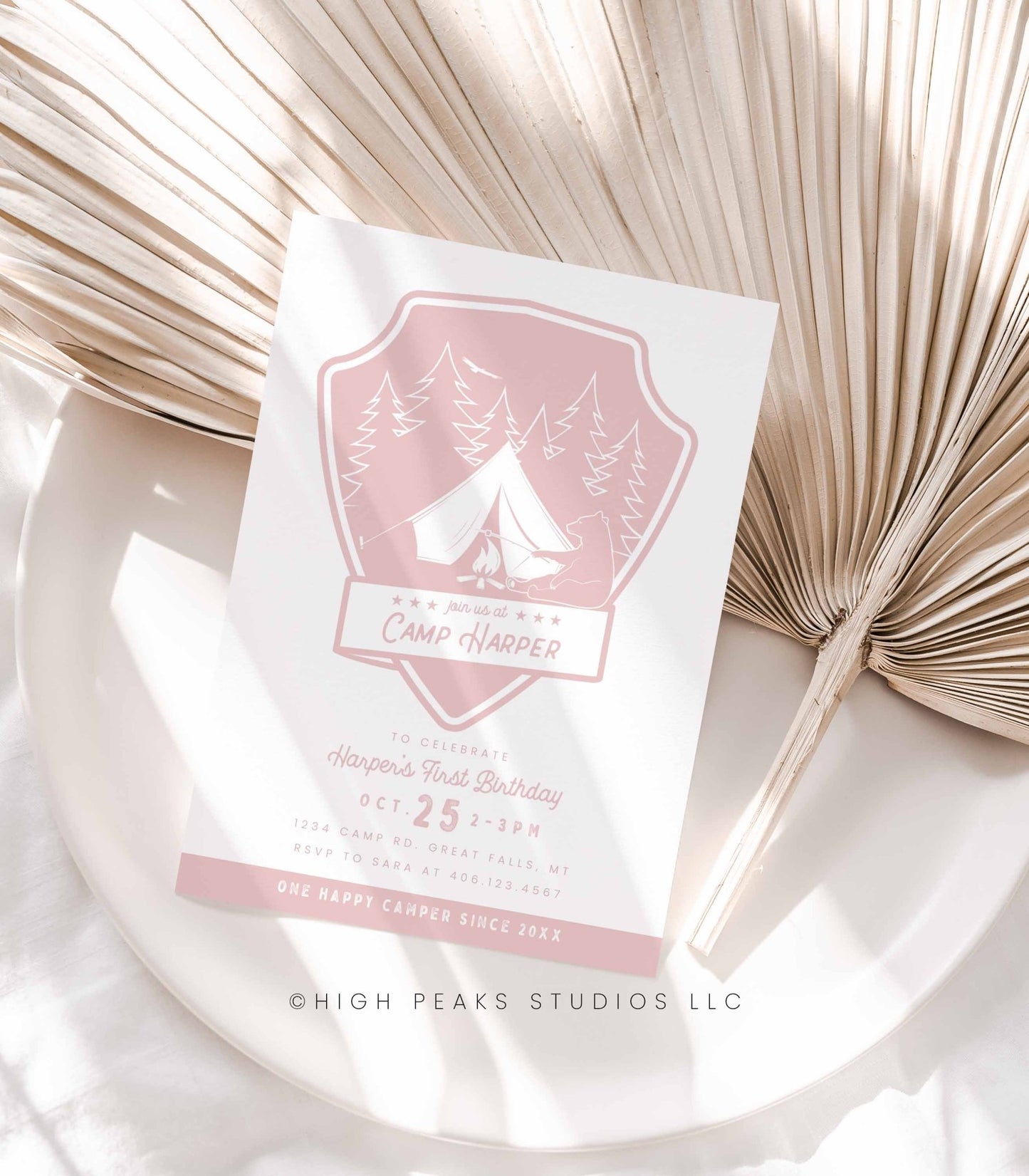 One Happy Camper Birthday Invitation - Pink - High Peaks Studios LLC