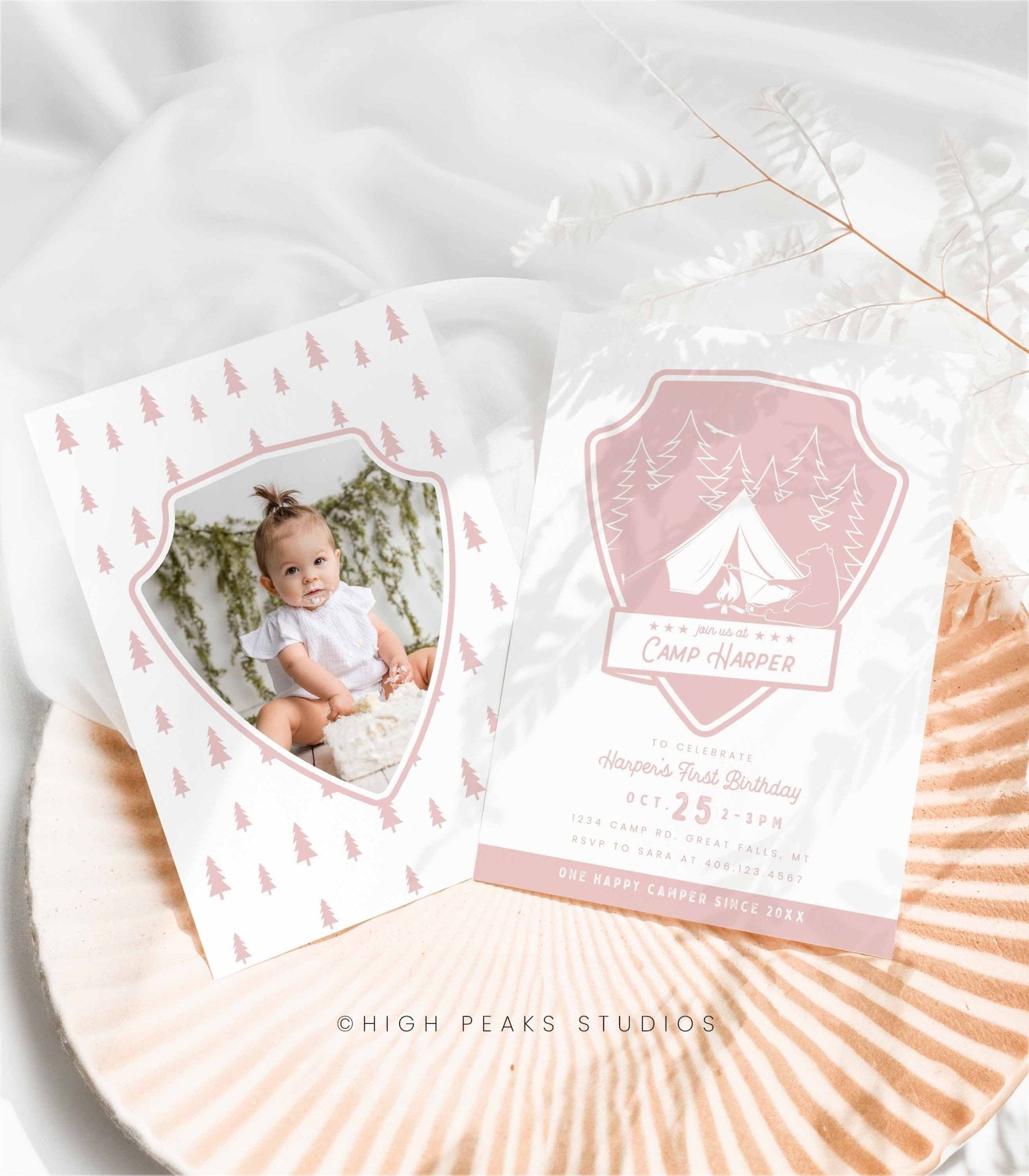One Happy Camper Birthday Invitation - Pink - High Peaks Studios LLC