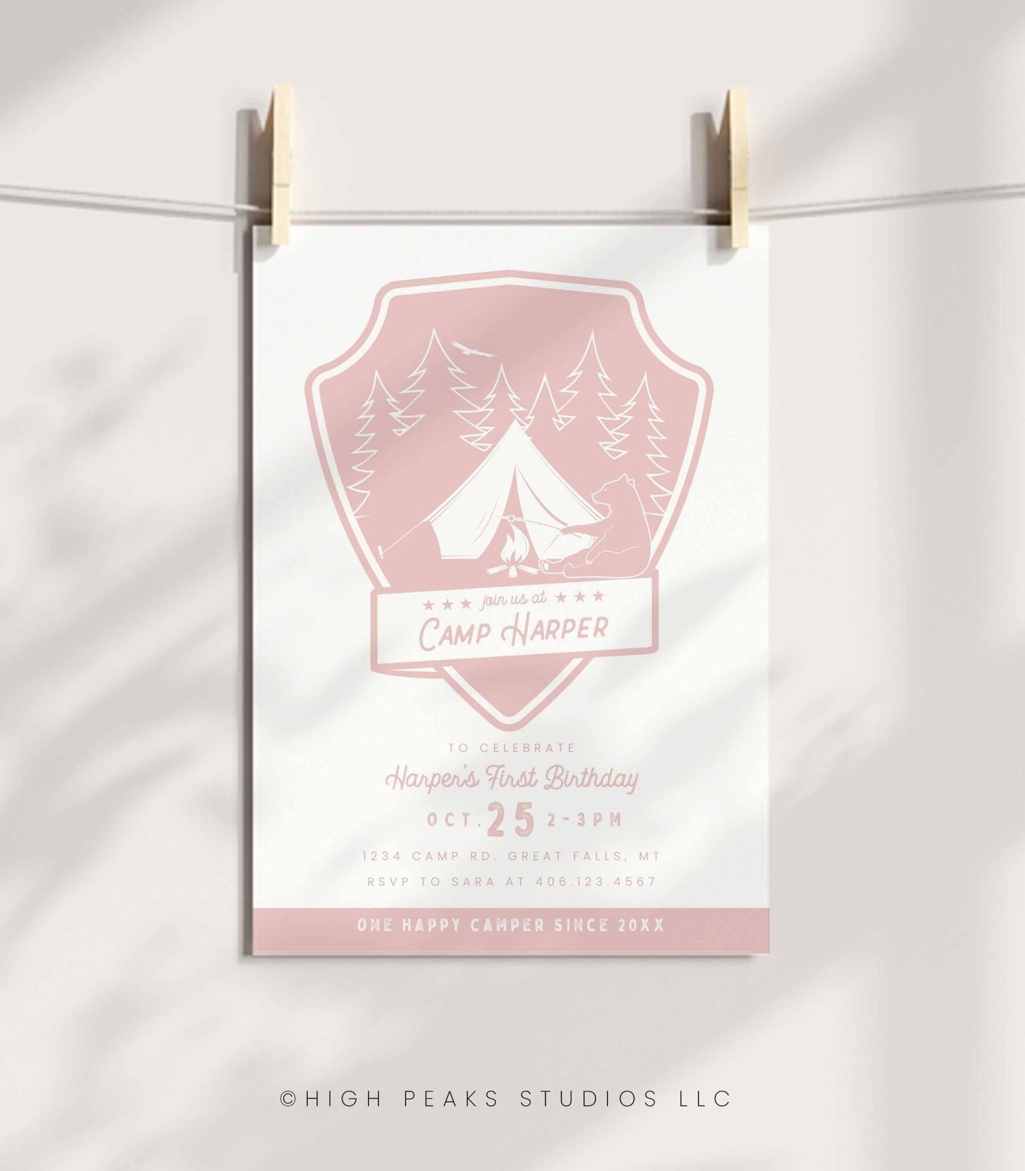 One Happy Camper Birthday Invitation - Pink - High Peaks Studios LLC