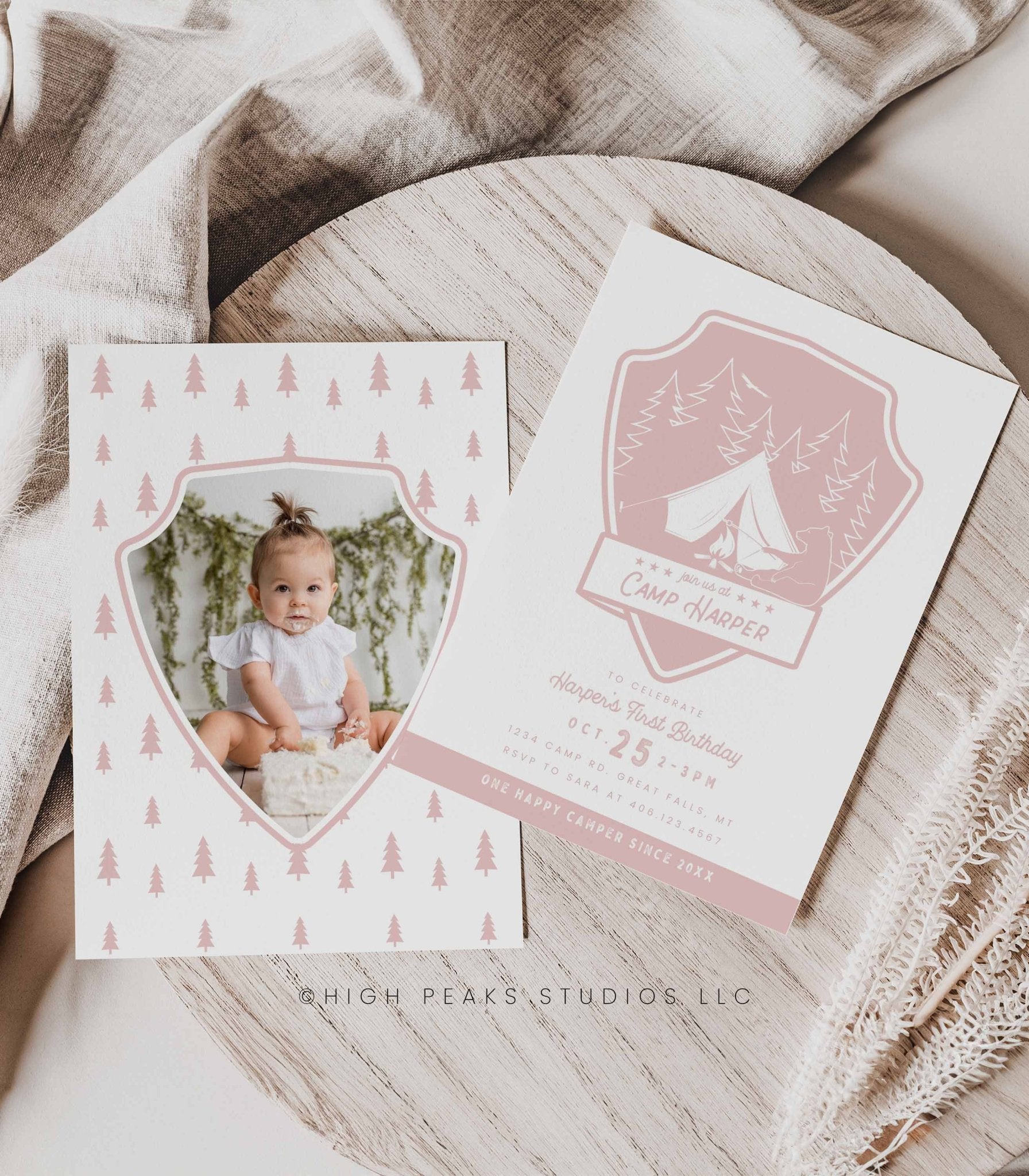 One Happy Camper Birthday Invitation - Pink - High Peaks Studios LLC