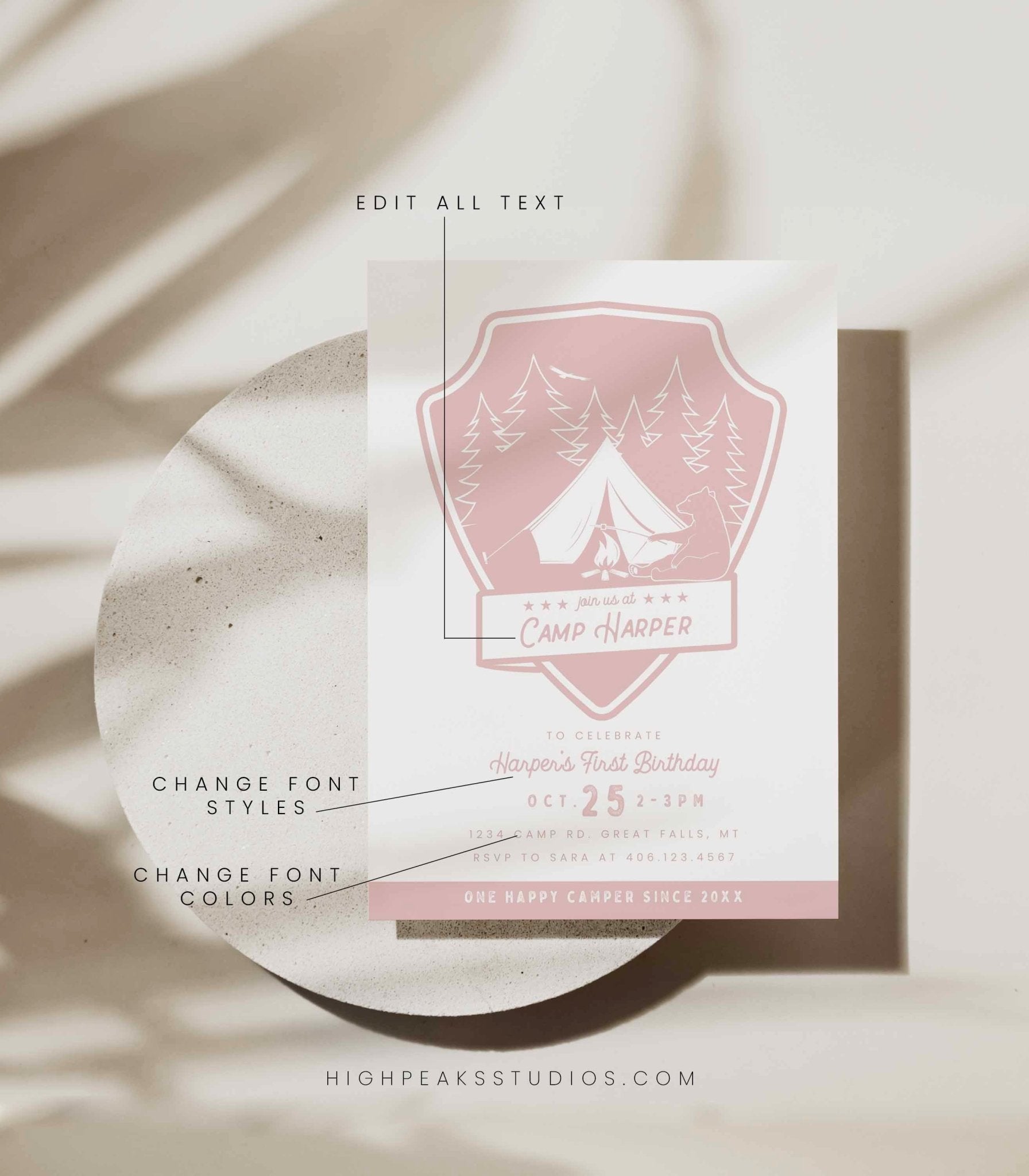 One Happy Camper Birthday Invitation - Pink - High Peaks Studios LLC