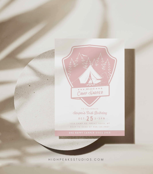 One Happy Camper Birthday Invitation - Pink - High Peaks Studios LLC