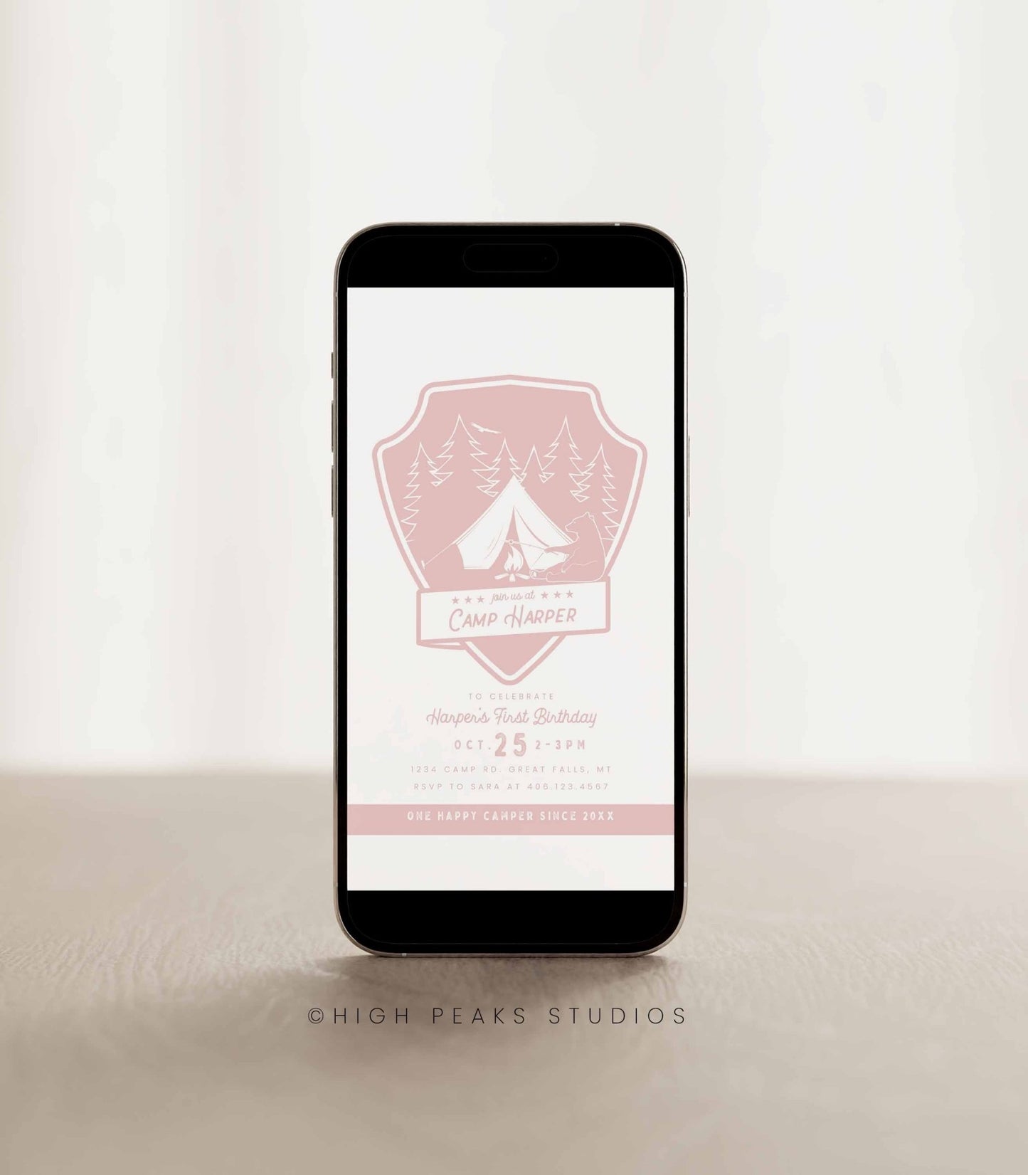One Happy Camper Birthday Invitation - Pink - High Peaks Studios LLC