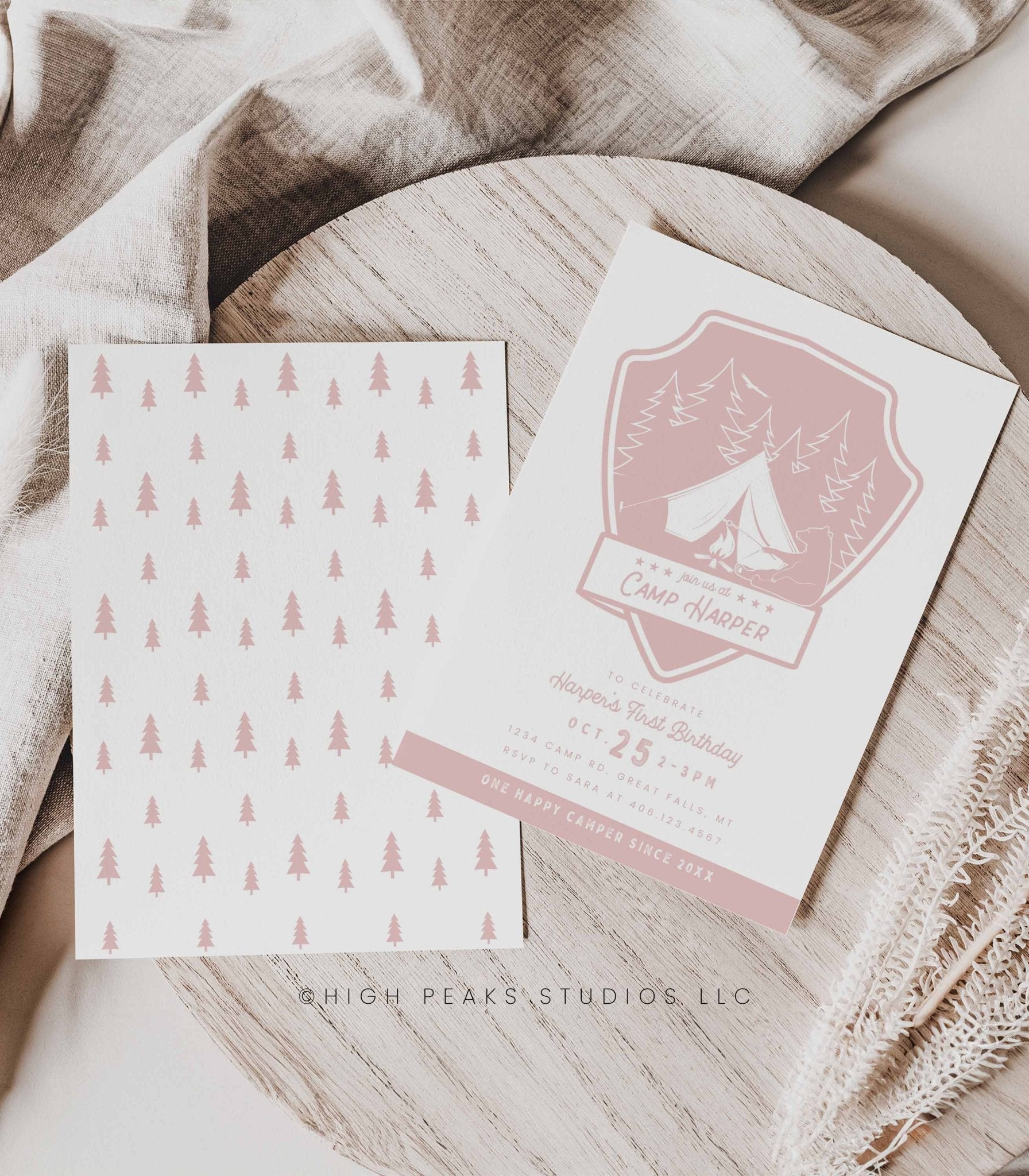 One Happy Camper Birthday Invitation - Pink - High Peaks Studios LLC