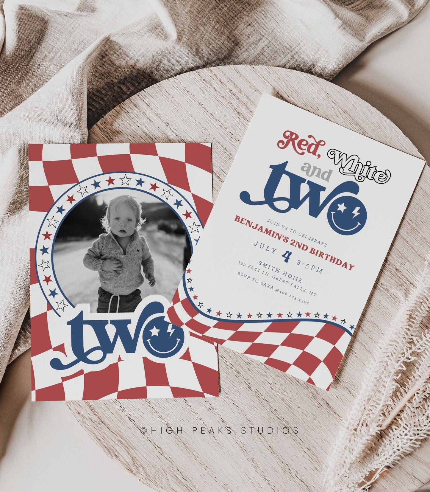 Red, White and TWO Birthday Invitation - High Peaks Studios