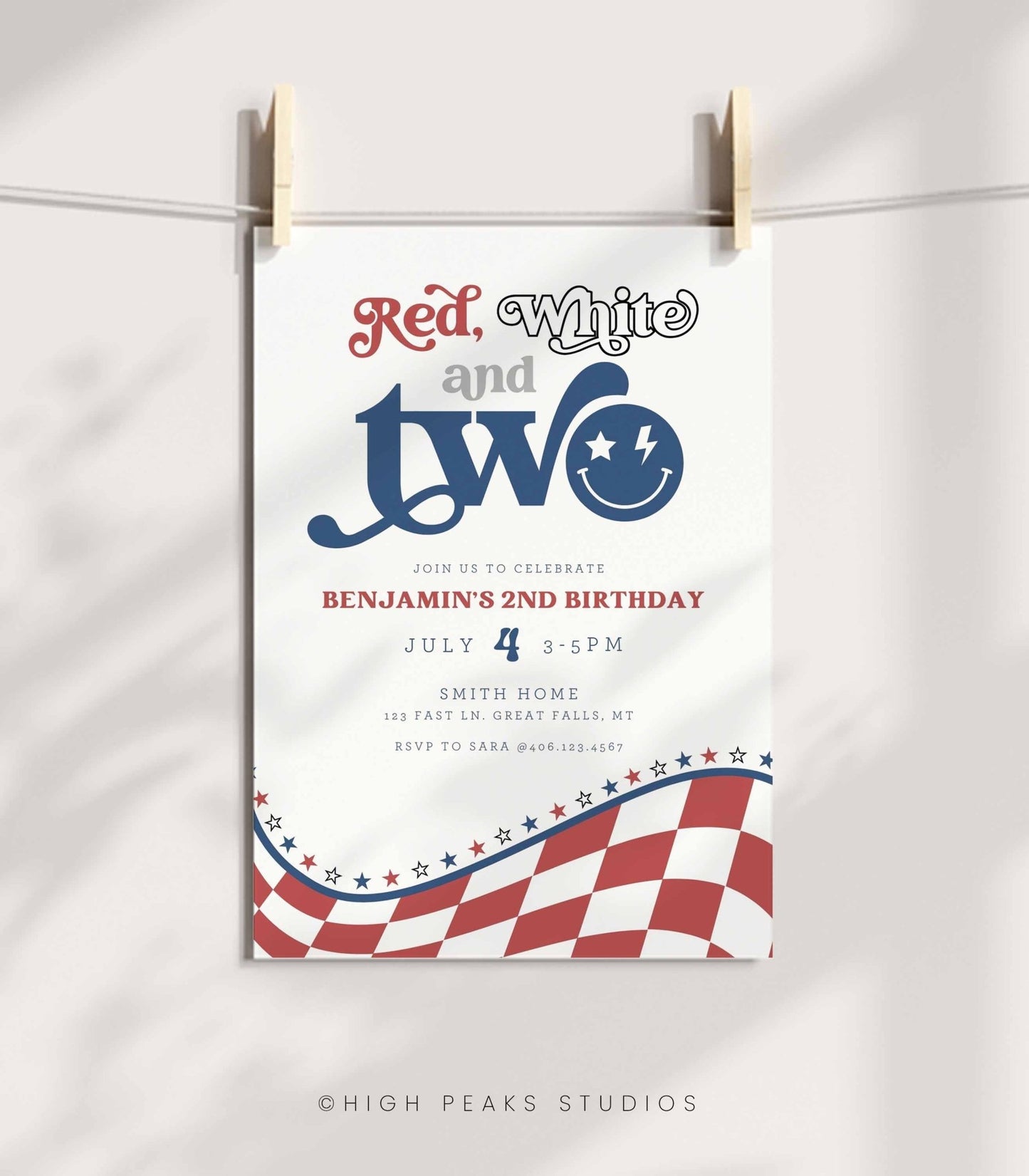 Red, White and TWO Birthday Invitation - High Peaks Studios