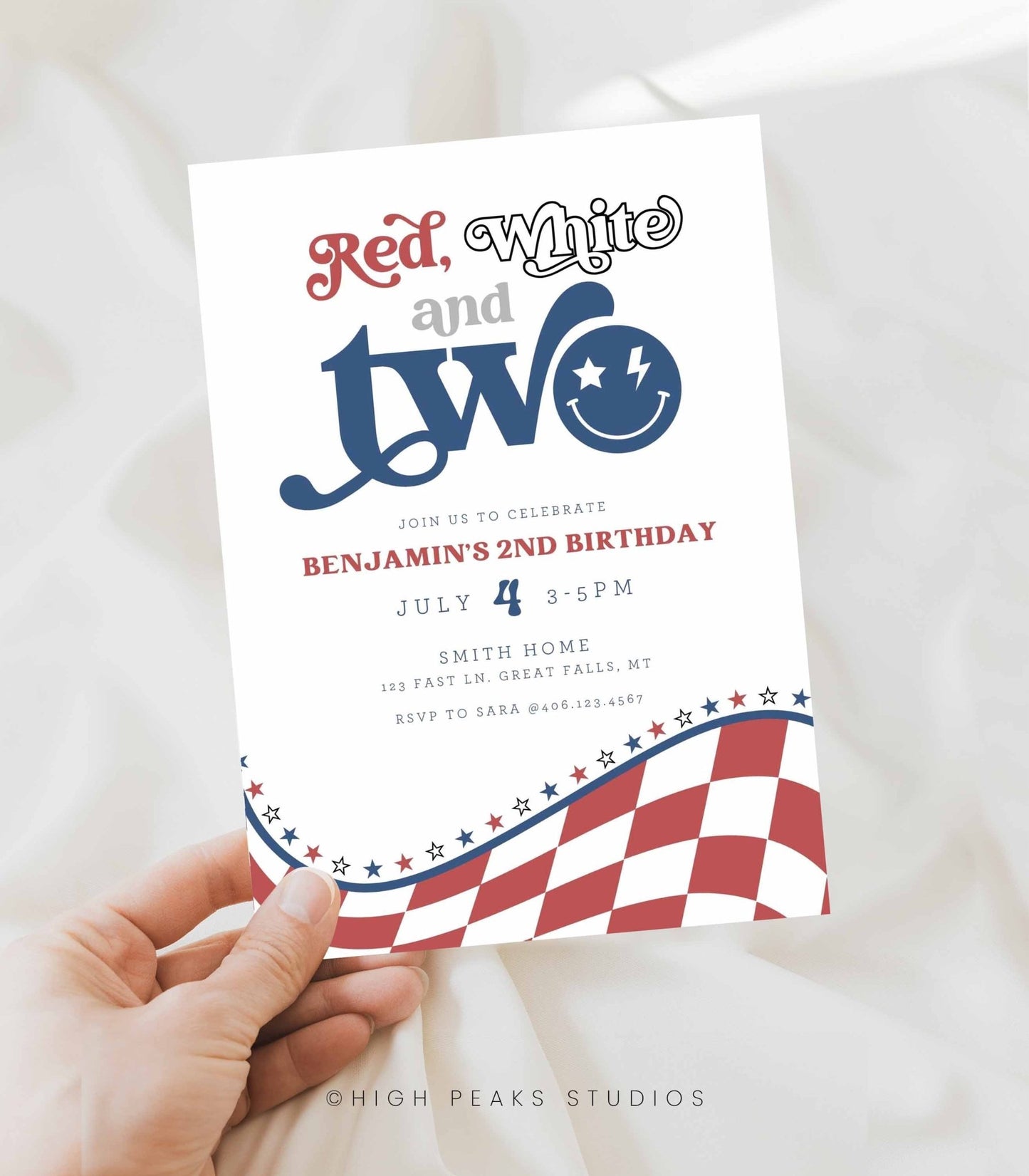 Red, White and TWO Birthday Invitation - High Peaks Studios