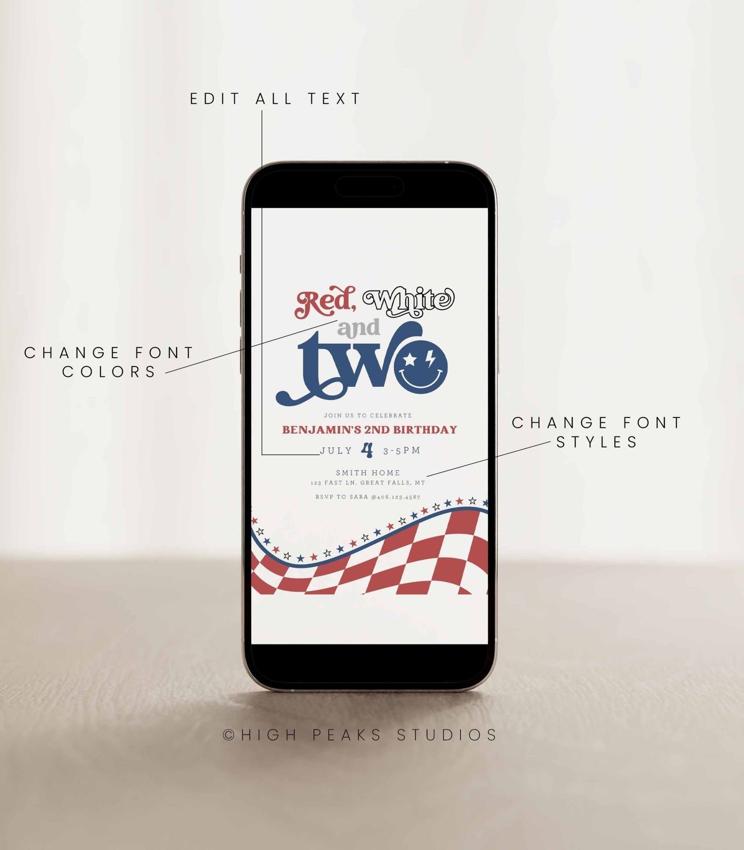 Red, White and TWO Birthday Invitation - High Peaks Studios