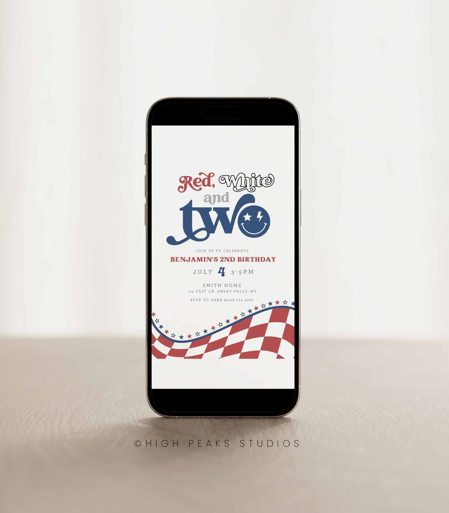 Red, White and TWO Birthday Invitation - High Peaks Studios