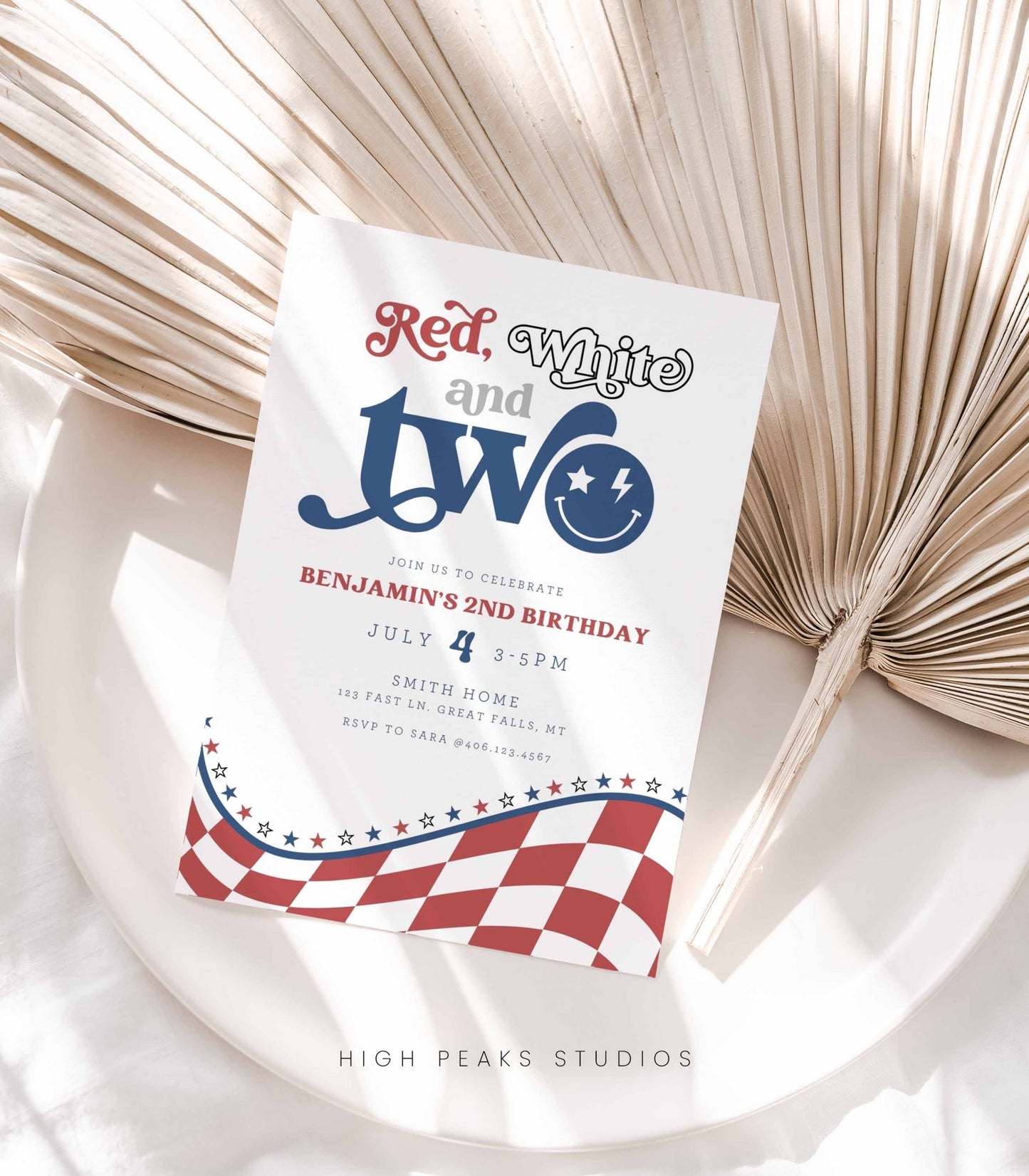 Red, White and TWO Birthday Invitation - High Peaks Studios