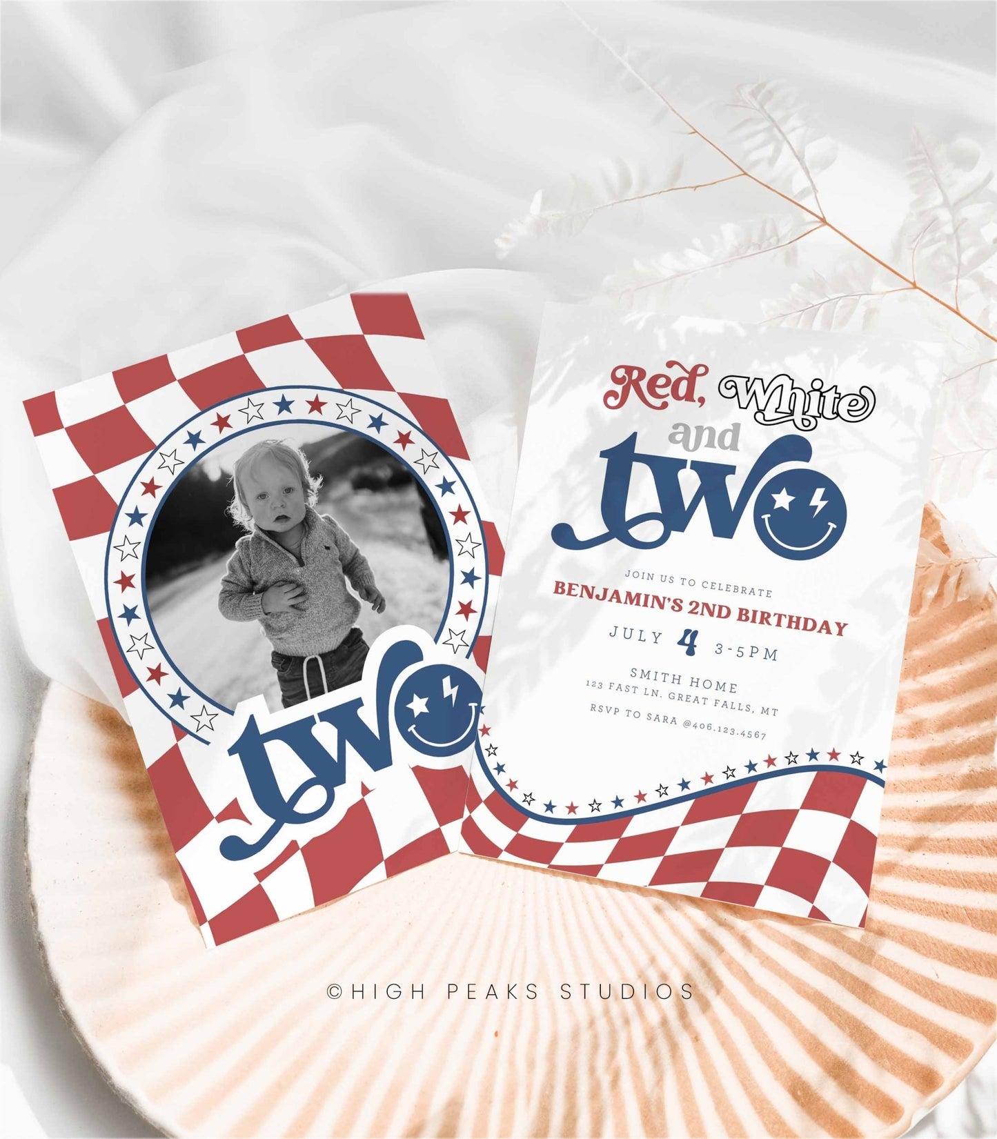 Red, White and TWO Birthday Invitation - High Peaks Studios