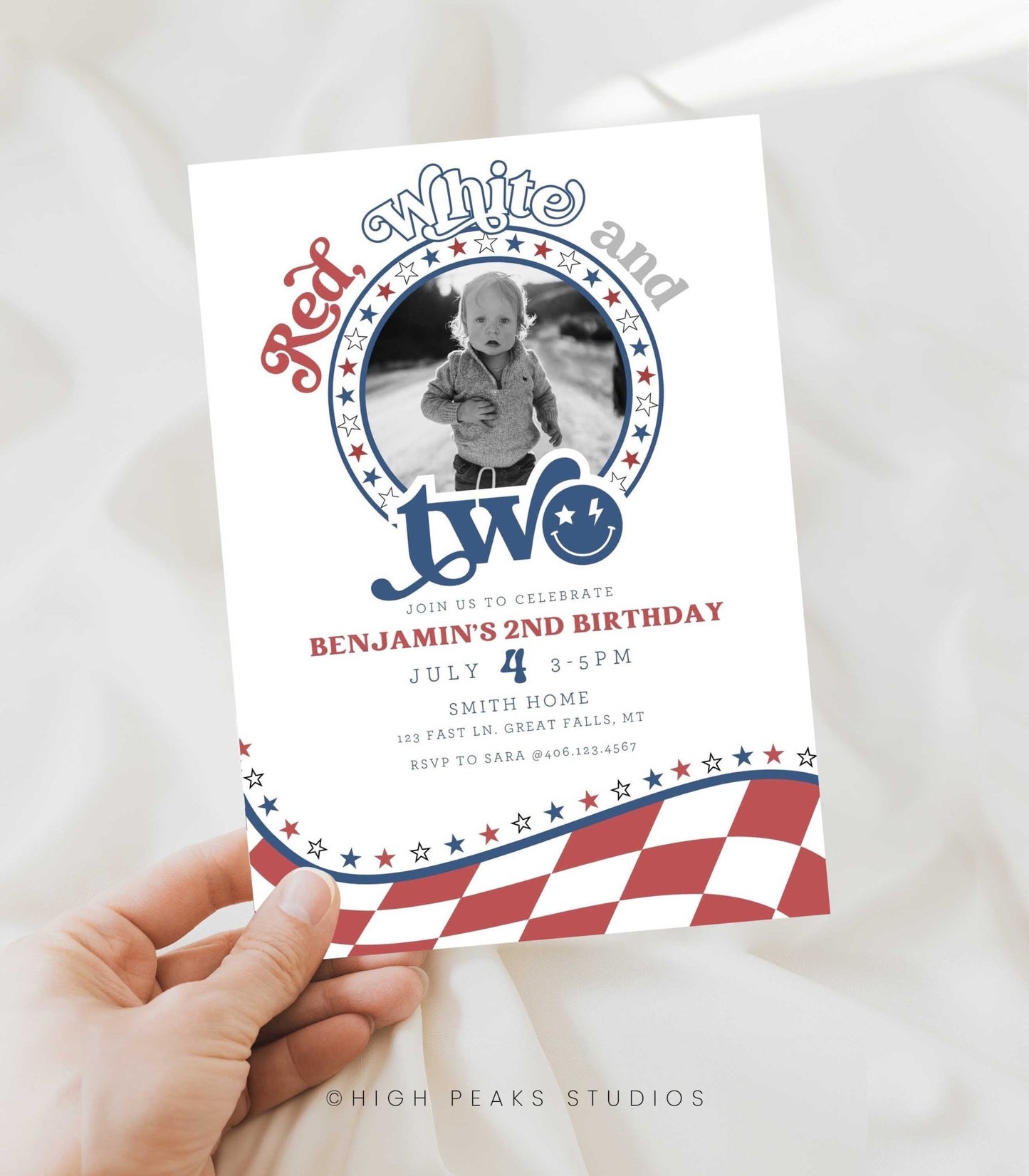 Red, White and TWO Photo Birthday Invitation - High Peaks Studios