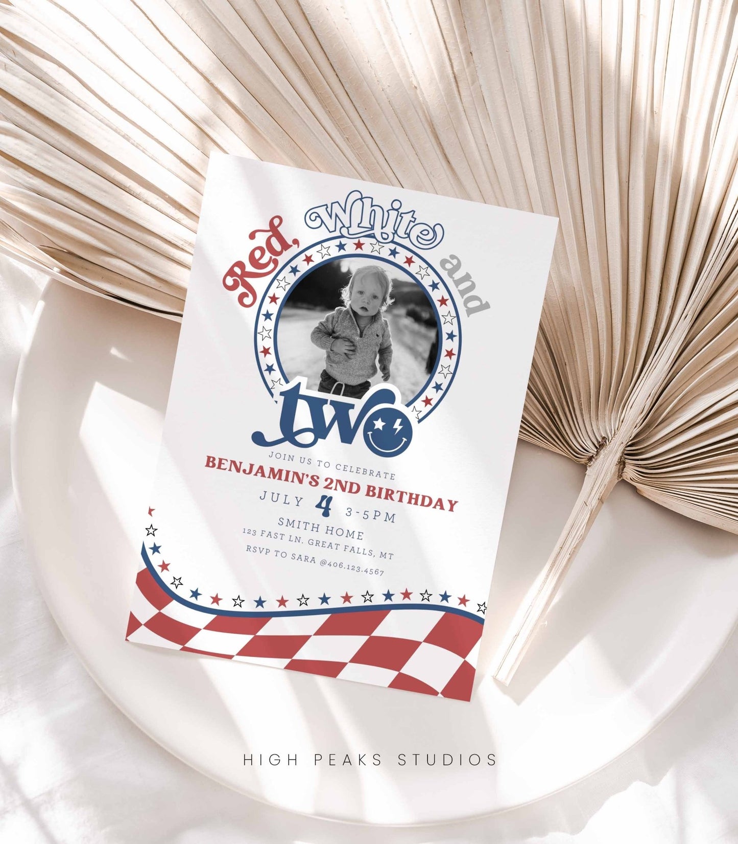 Red, White and TWO Photo Birthday Invitation - High Peaks Studios