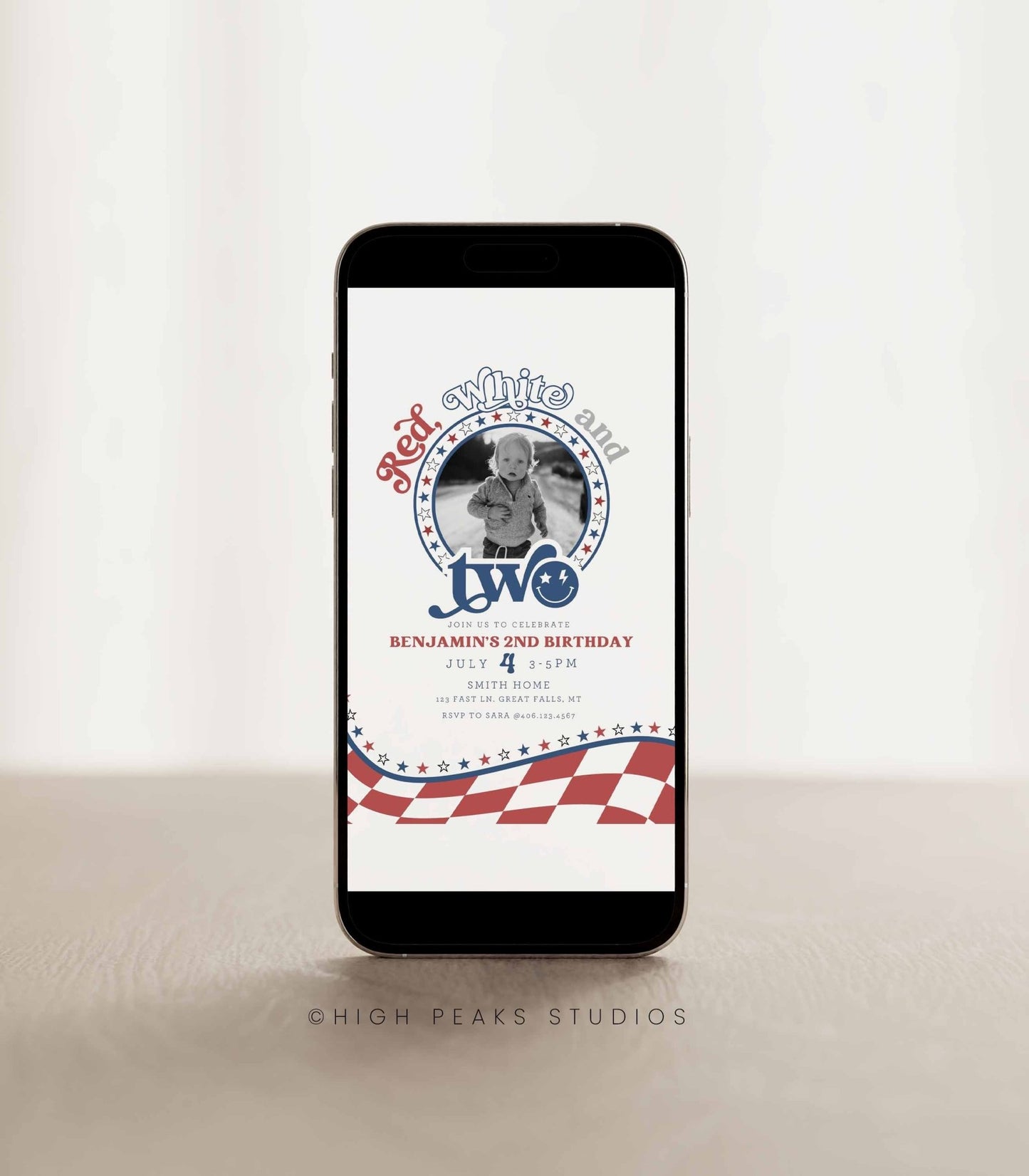 Red, White and TWO Photo Birthday Invitation - High Peaks Studios