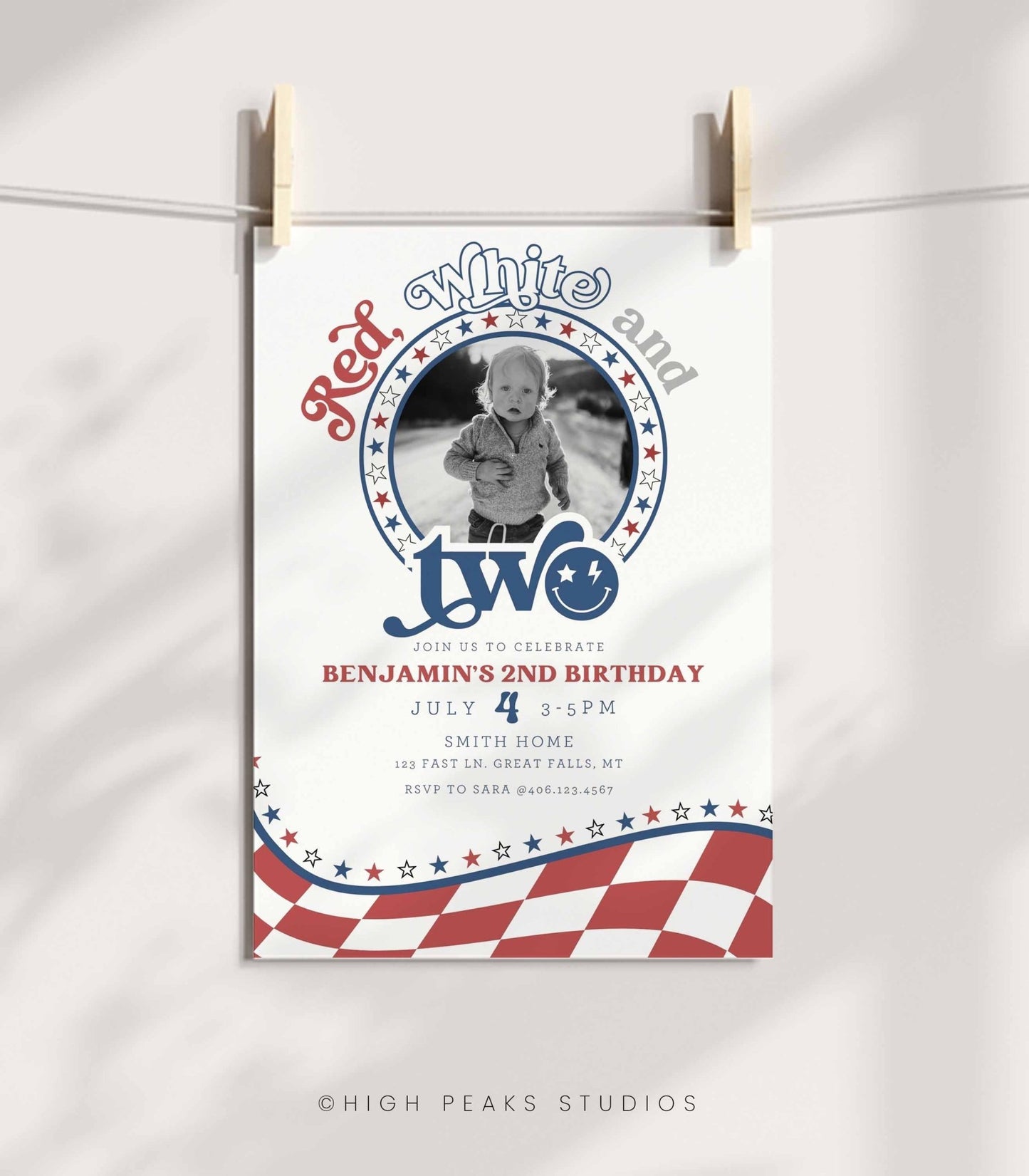 Red, White and TWO Photo Birthday Invitation - High Peaks Studios