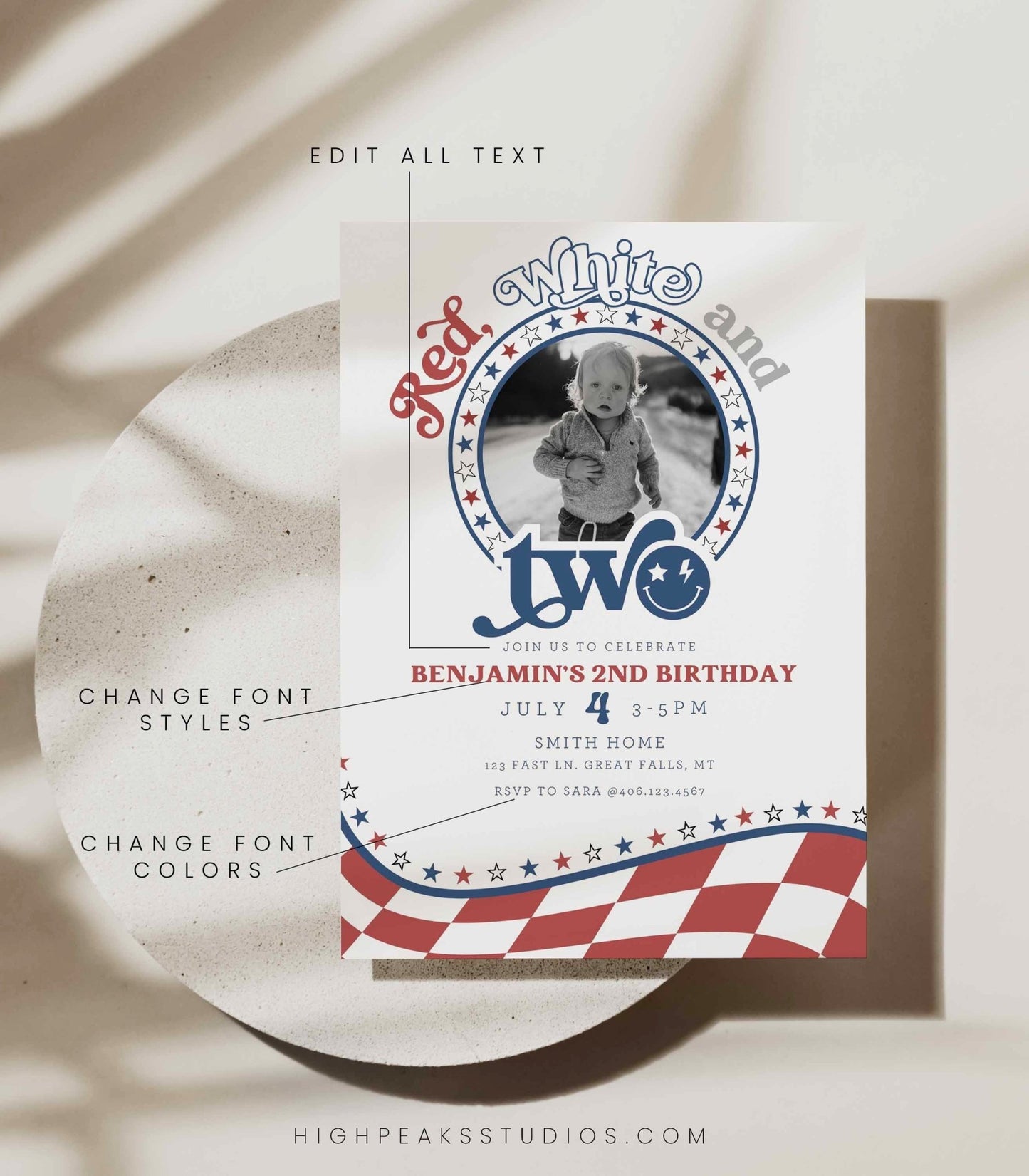 Red, White and TWO Photo Birthday Invitation - High Peaks Studios