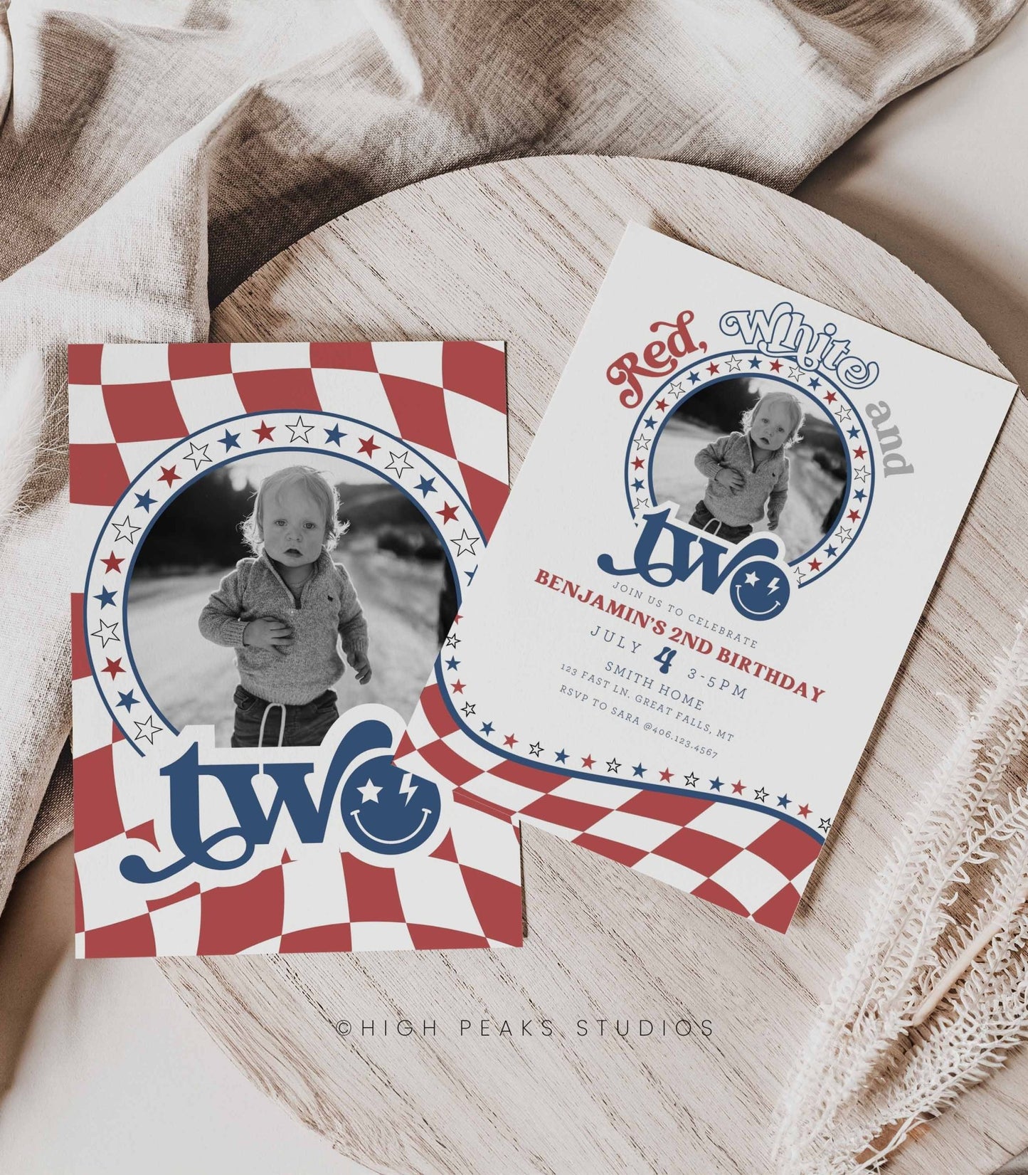Red, White and TWO Photo Birthday Invitation - High Peaks Studios