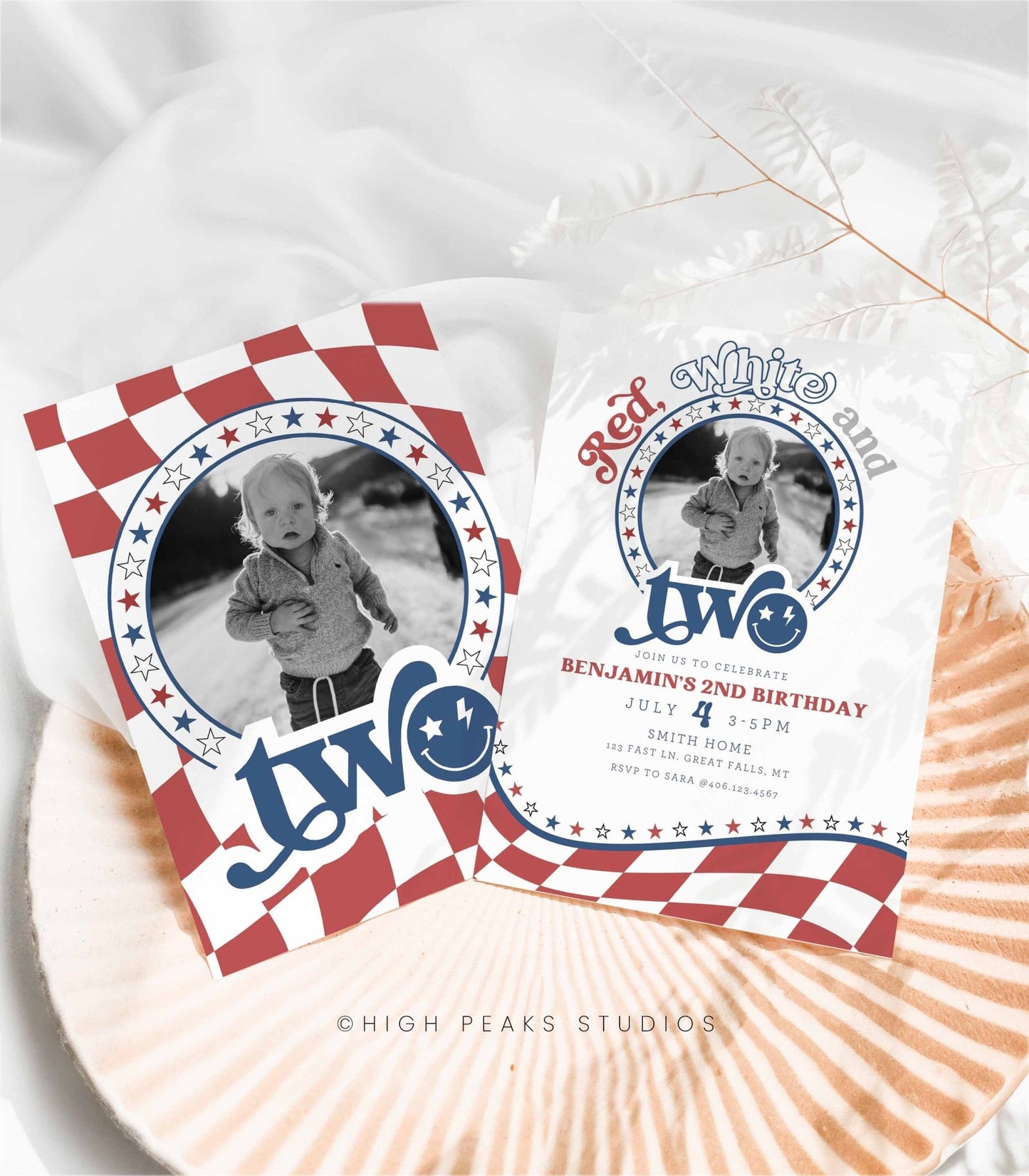 Red, White and TWO Photo Birthday Invitation - High Peaks Studios