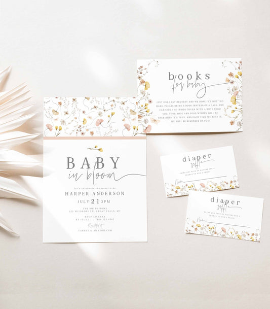 Baby In Bloom Baby Shower Invitation and Insert Cards Bundle - High Peaks Studios