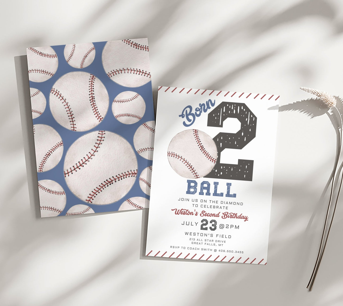 Baseball Born TWO Ball Second Birthday Invitation - High Peaks Studios