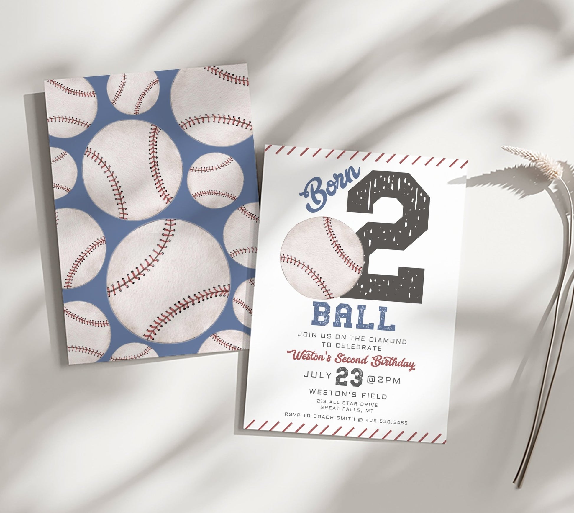 Baseball Born TWO Ball Second Birthday Invitation - High Peaks Studios