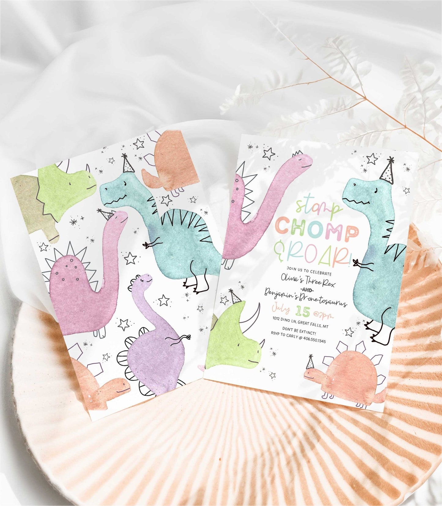 Cute Dinosaur Joint Birthday Invitation - High Peaks Studios