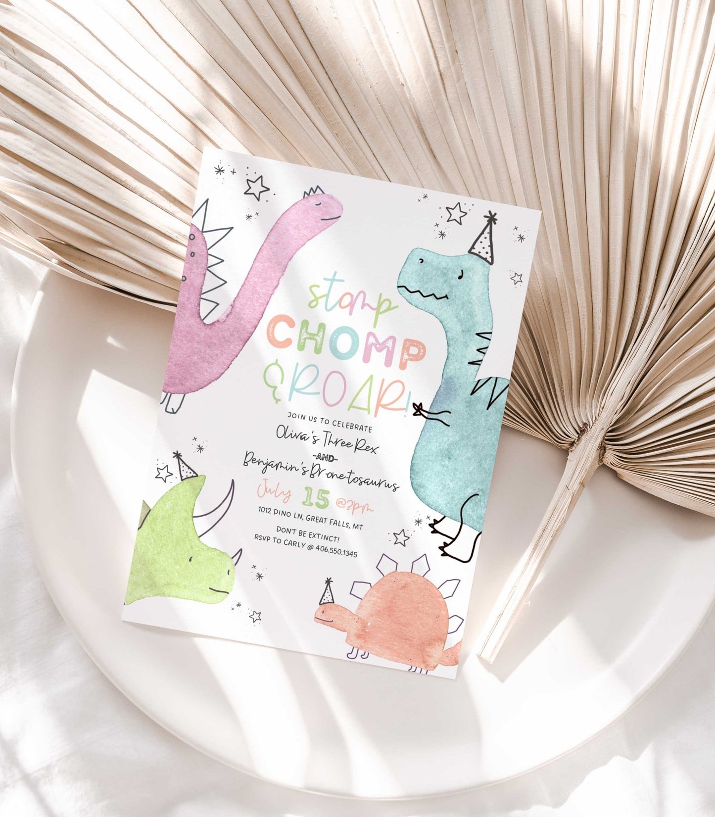 Cute Dinosaur Joint Birthday Invitation - High Peaks Studios