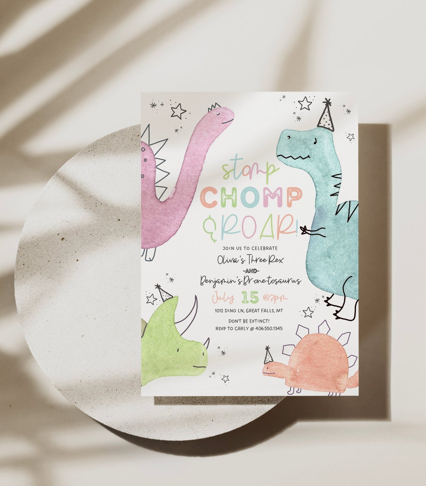 Cute Dinosaur Joint Birthday Invitation - High Peaks Studios