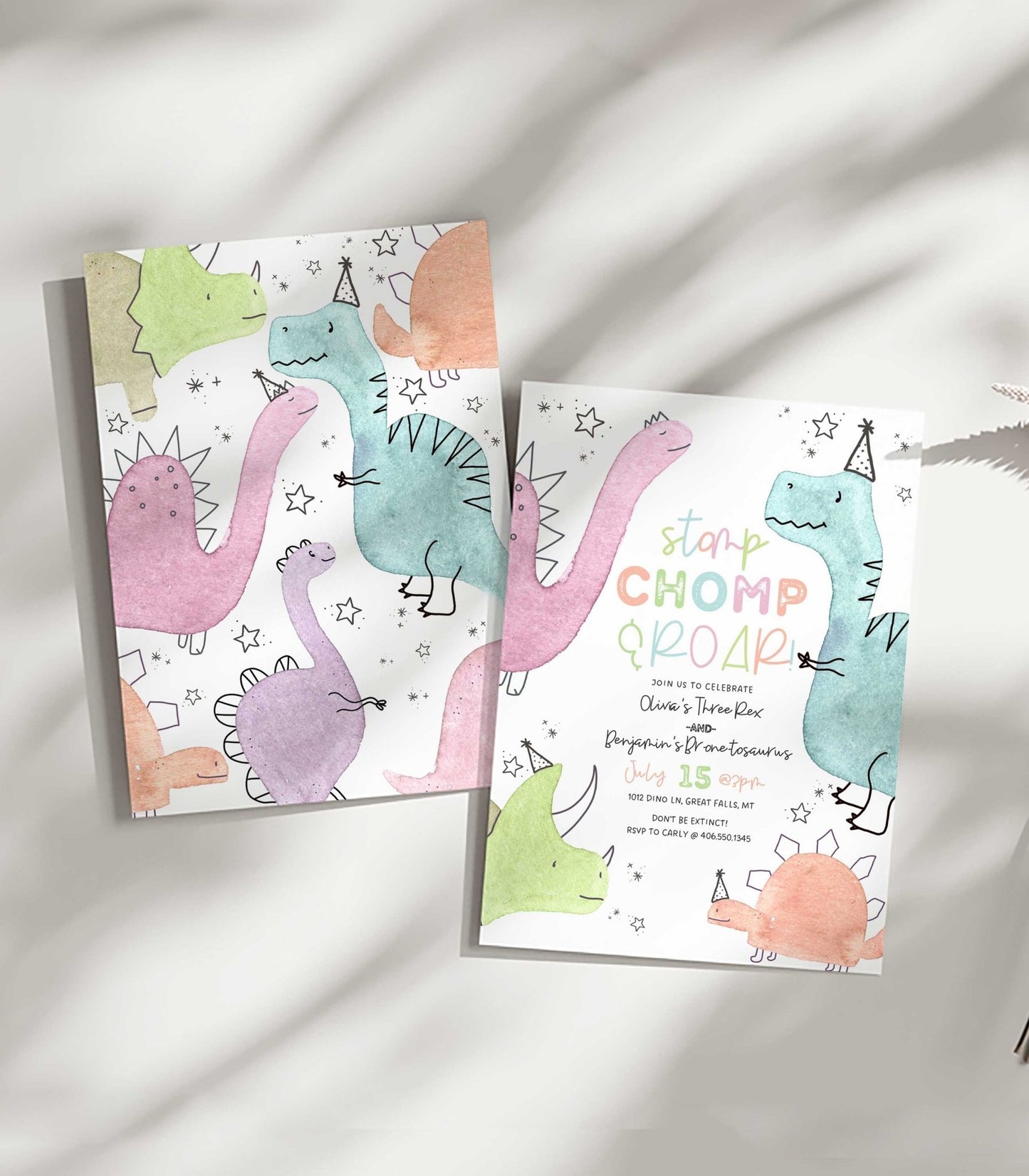 Cute Dinosaur Joint Birthday Invitation - High Peaks Studios