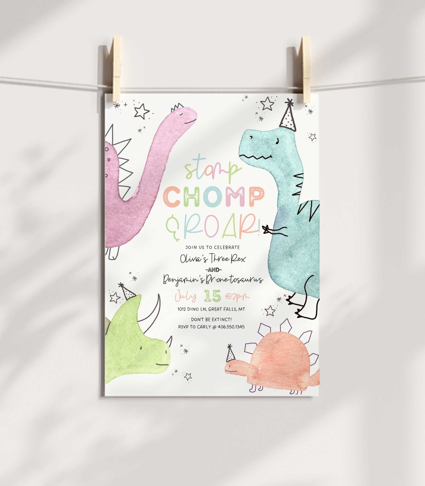Cute Dinosaur Joint Birthday Invitation - High Peaks Studios