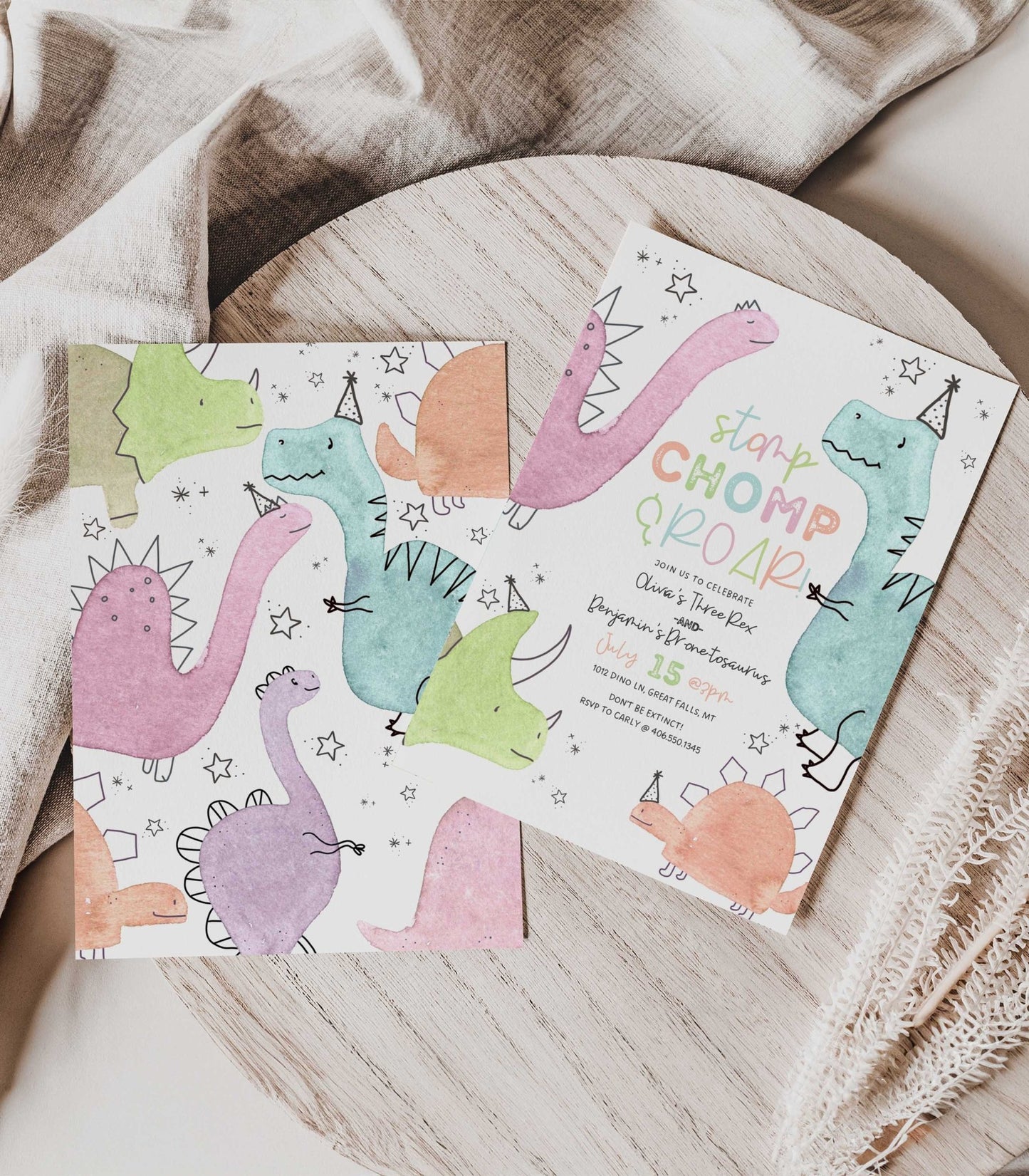 Cute Dinosaur Joint Birthday Invitation - High Peaks Studios