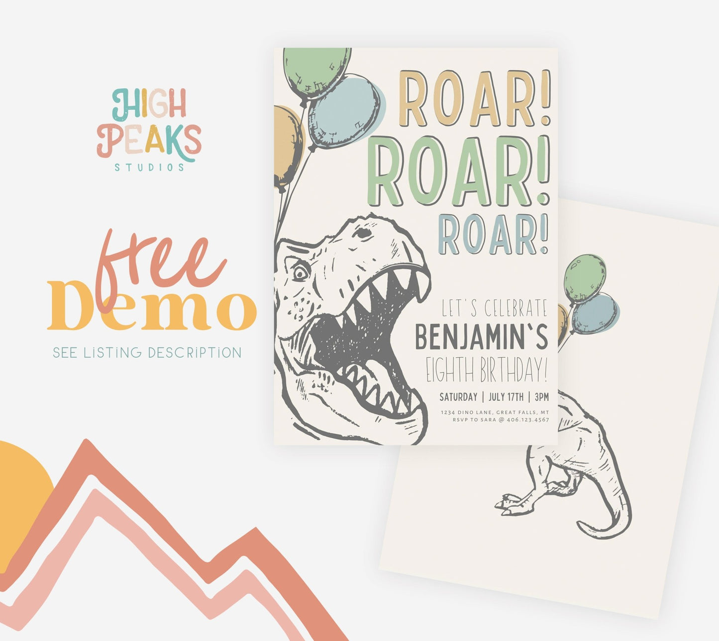 Dinosaur Birthday Party Invitation Printable Template - ANY AGE! - High Peaks Studios