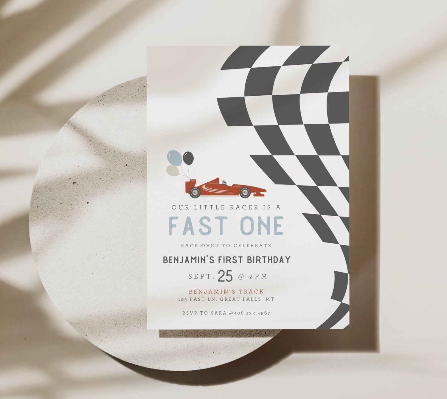 Fast One Race Car Birthday Invitation - High Peaks Studios