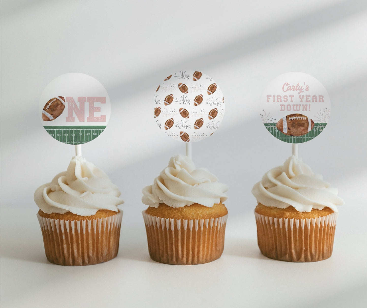 First Birthday Football Cupcake Topper Printables - Pink - High Peaks Studios