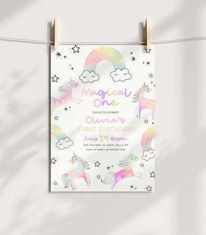 First Birthday Unicorn and Rainbow Invitation Printable - High Peaks Studios