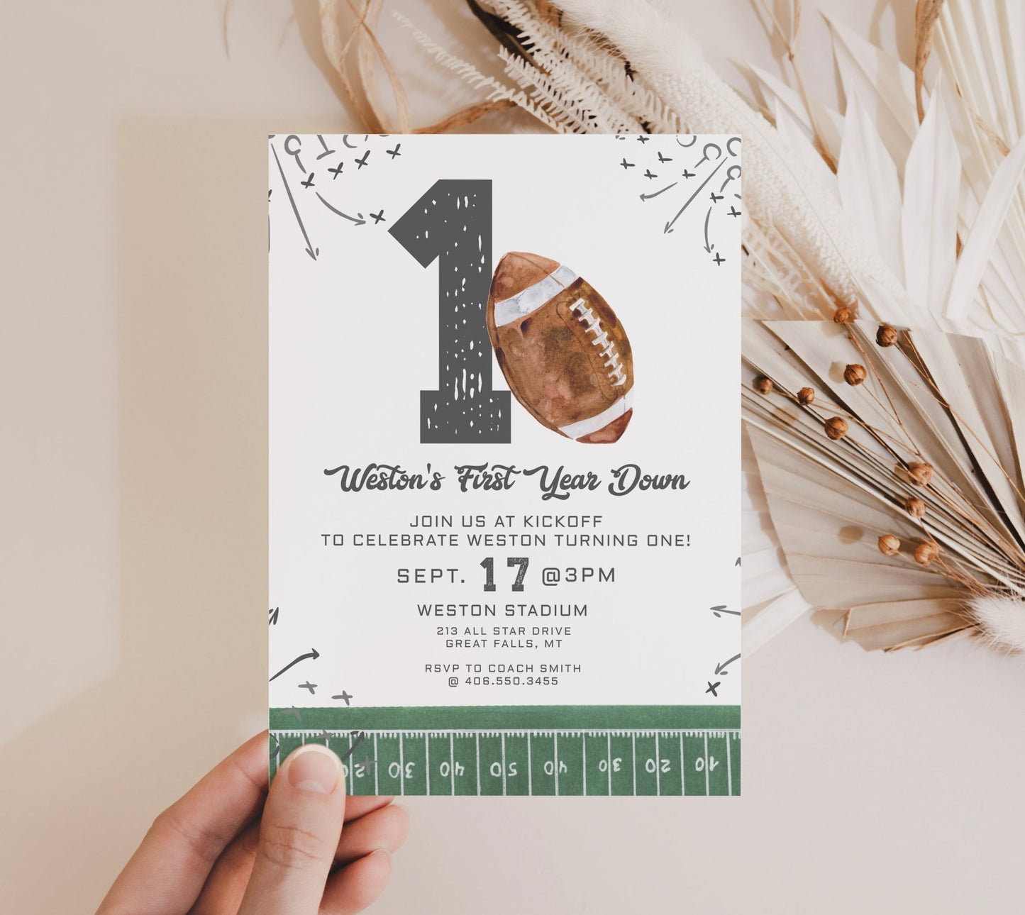 First Year Down Football Birthday Invitation Printable - High Peaks Studios