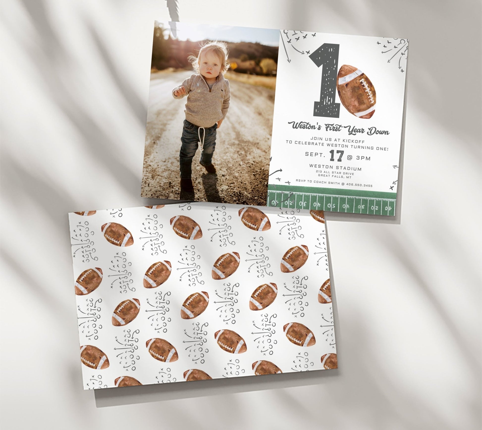 First Year Down Football Birthday Photo Invitation - High Peaks Studios