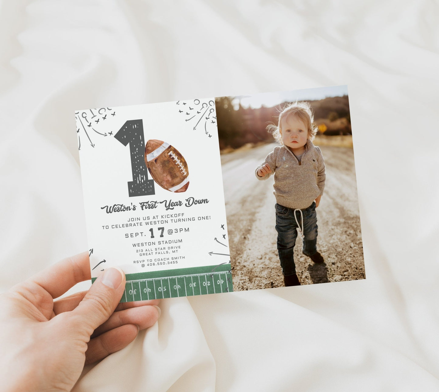 First Year Down Football Birthday Photo Invitation - High Peaks Studios