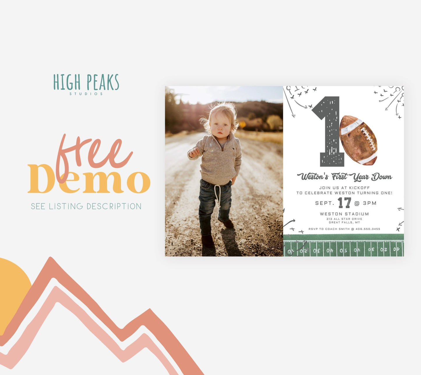 First Year Down Football Birthday Photo Invitation - High Peaks Studios