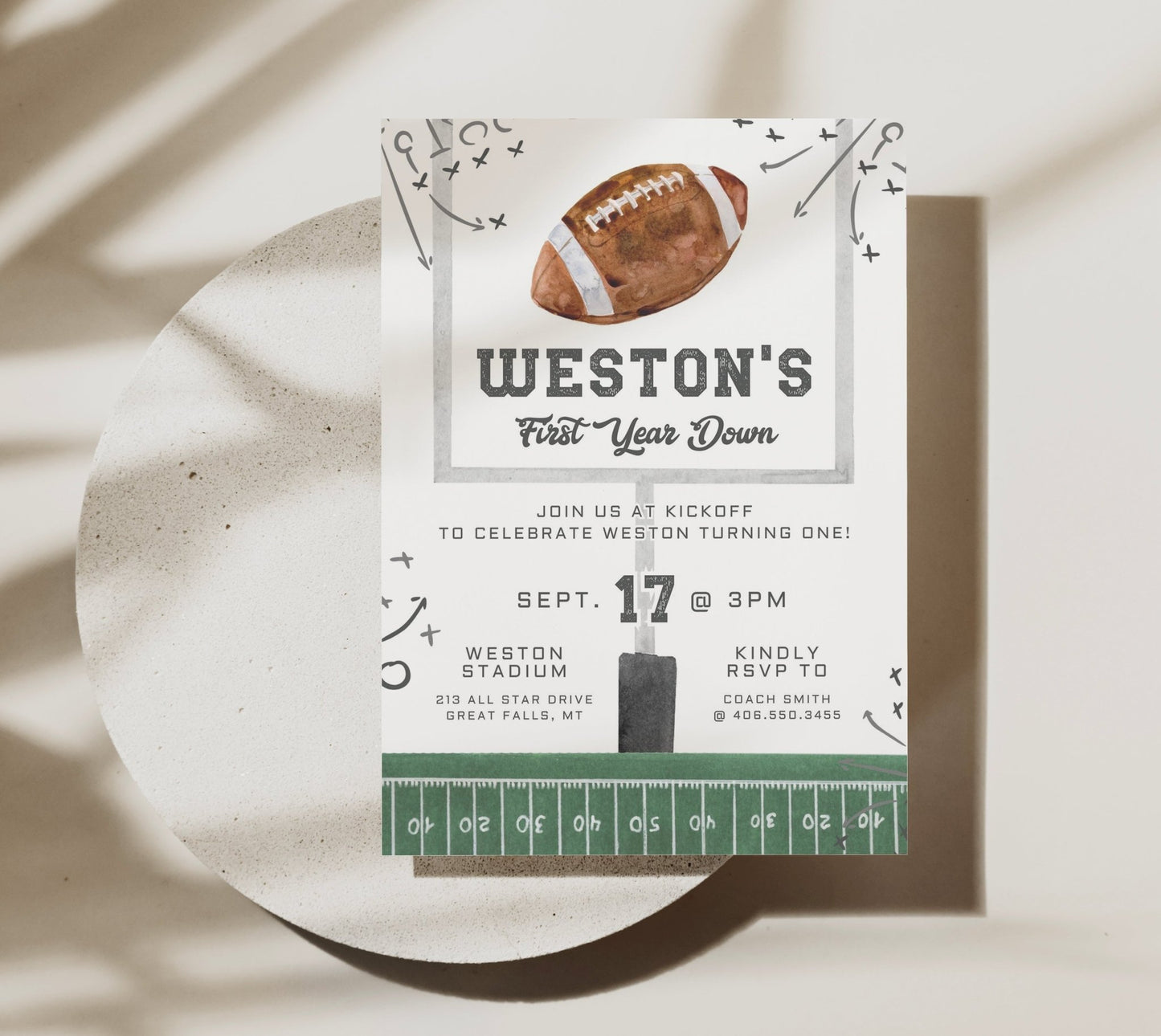 Football Birthday Invitation Printable - First Year Down - High Peaks Studios