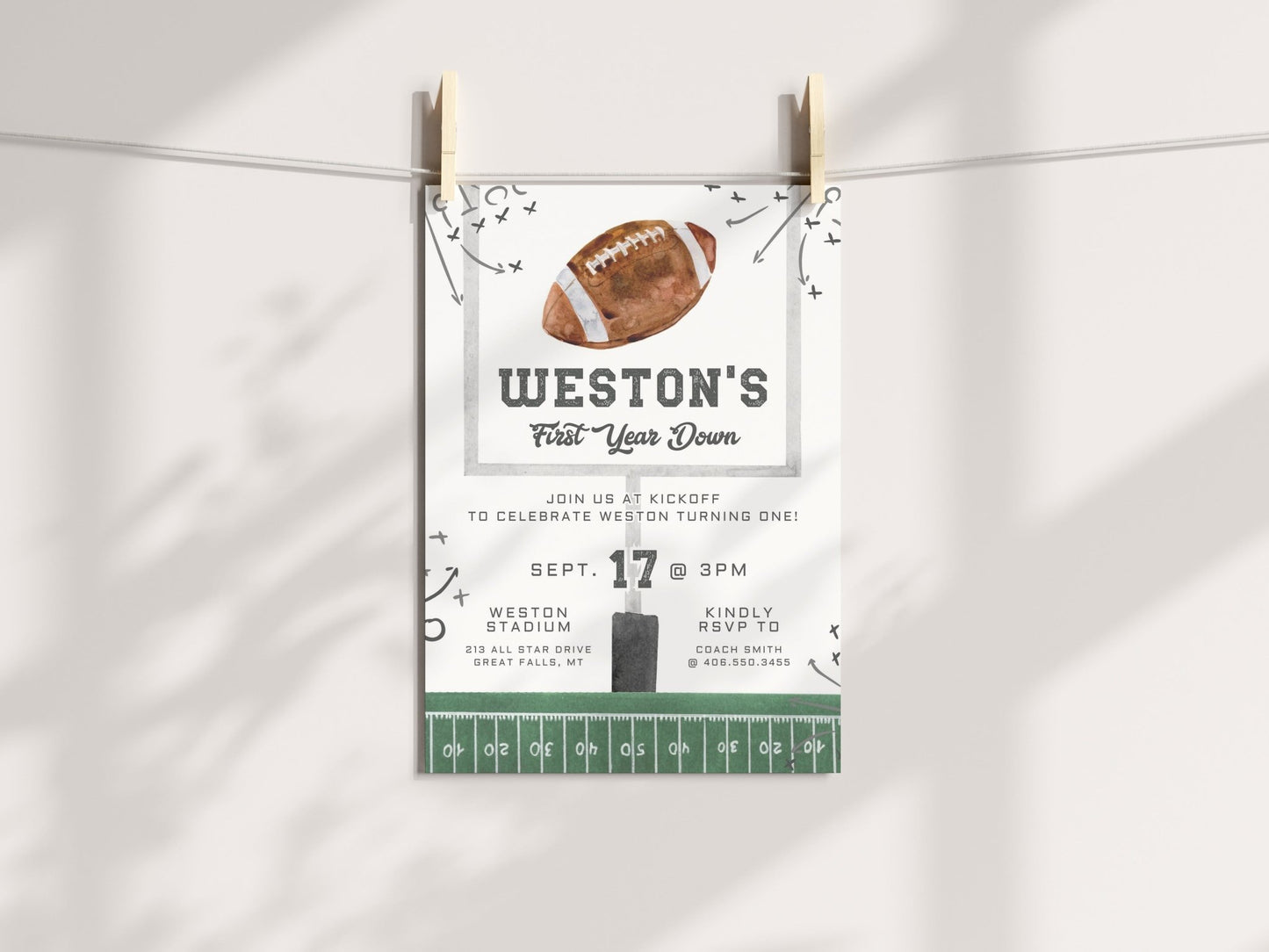 Football Birthday Invitation Printable - First Year Down - High Peaks Studios