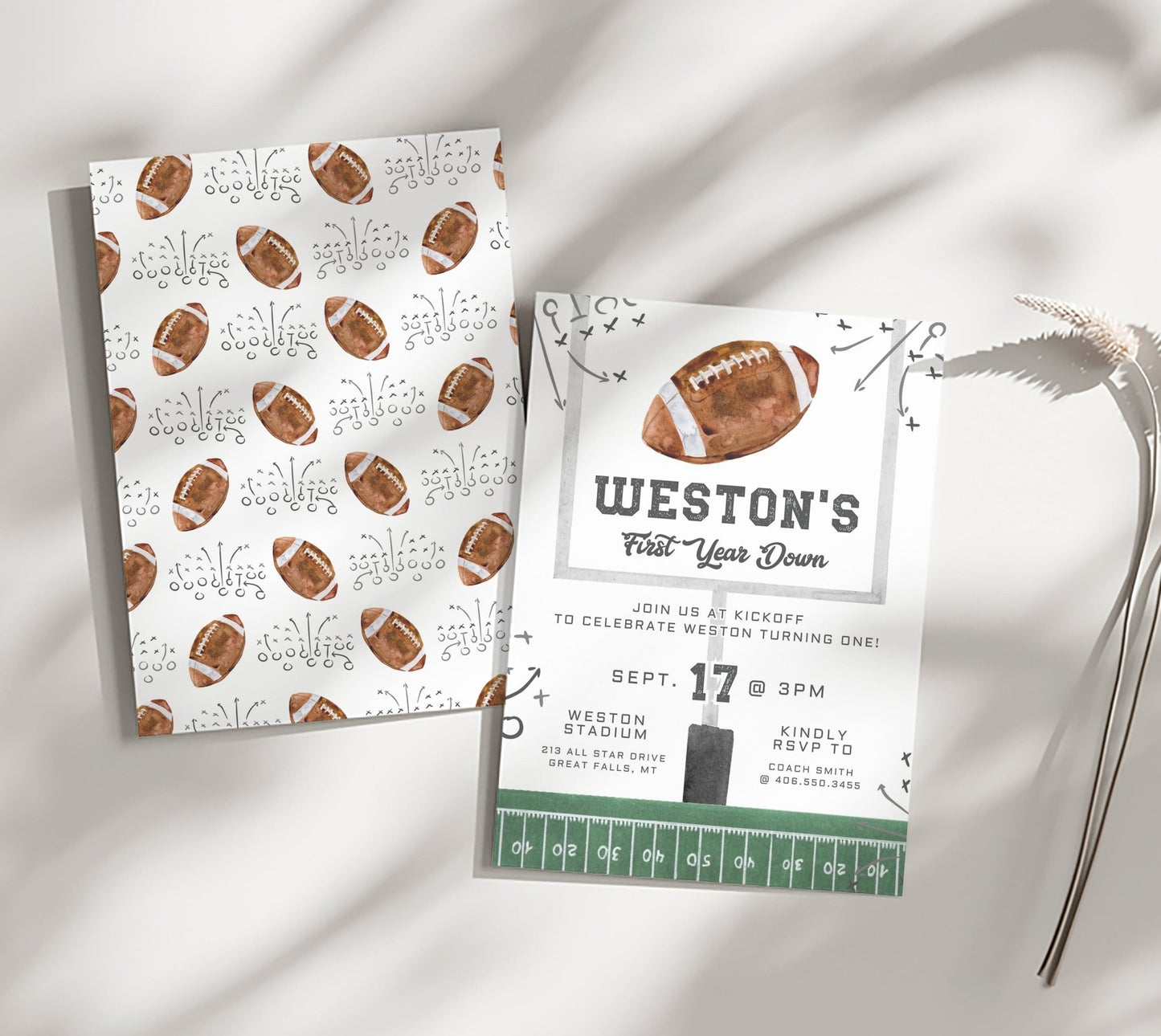 Football Birthday Invitation Printable - First Year Down - High Peaks Studios