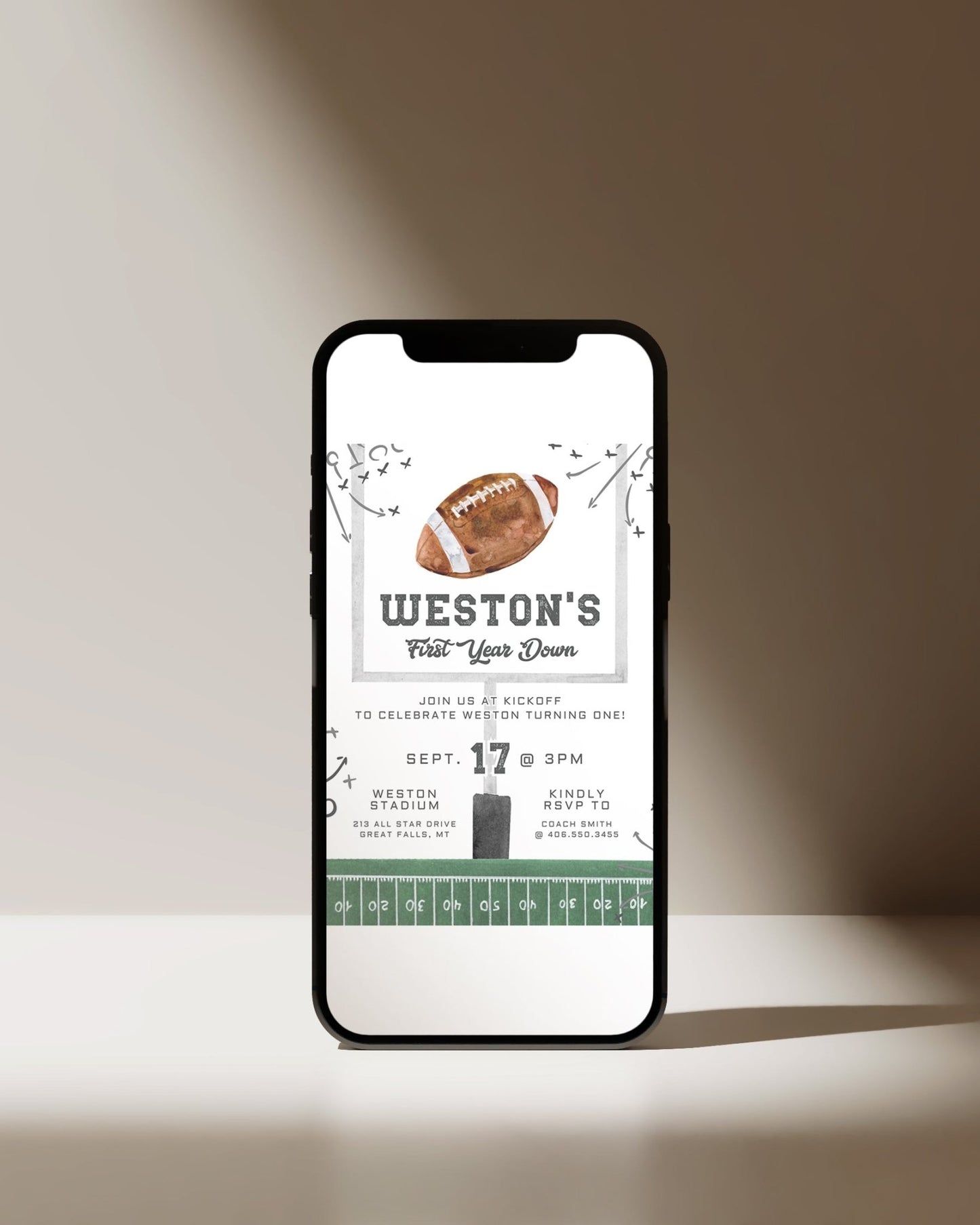 Football Birthday Invitation Printable - First Year Down - High Peaks Studios