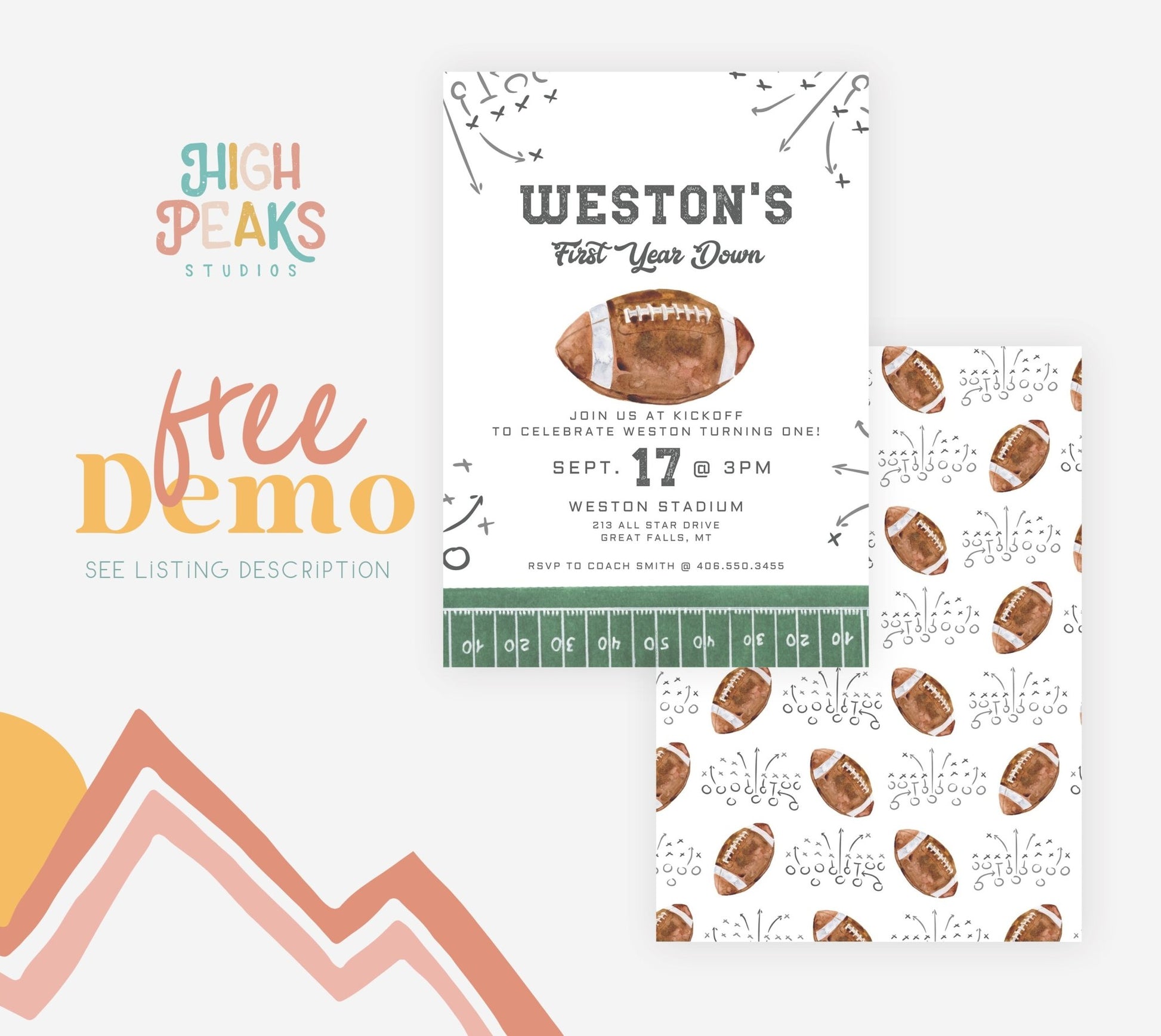 Football First Birthday Invitation Template - High Peaks Studios