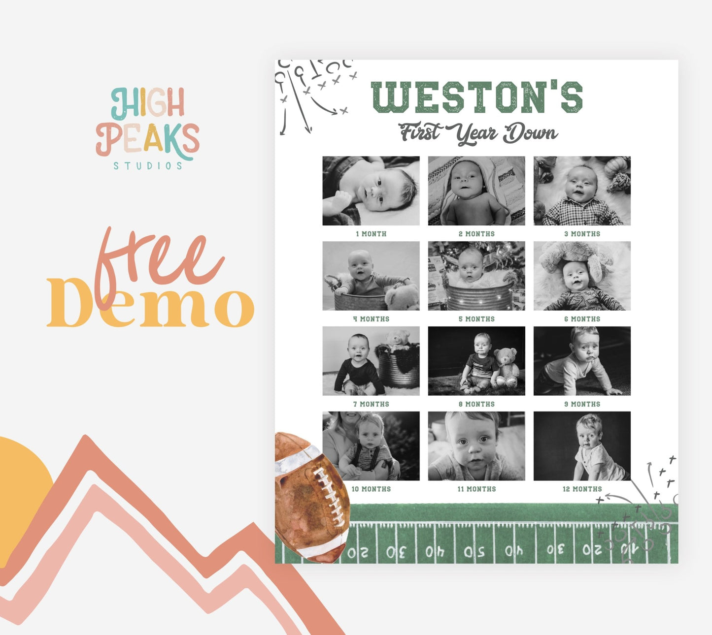 Football First Year Down Birthday Photo Board Printable - High Peaks Studios