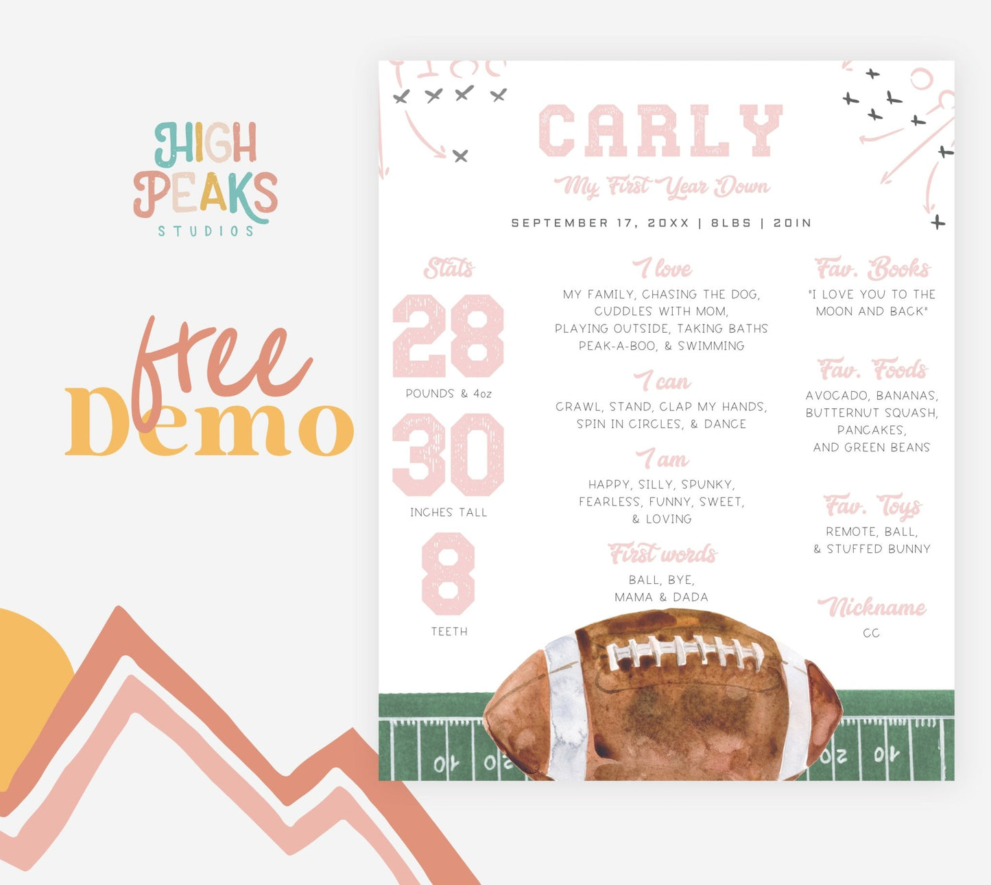 Football Milestone Poster Board - Girl - High Peaks Studios