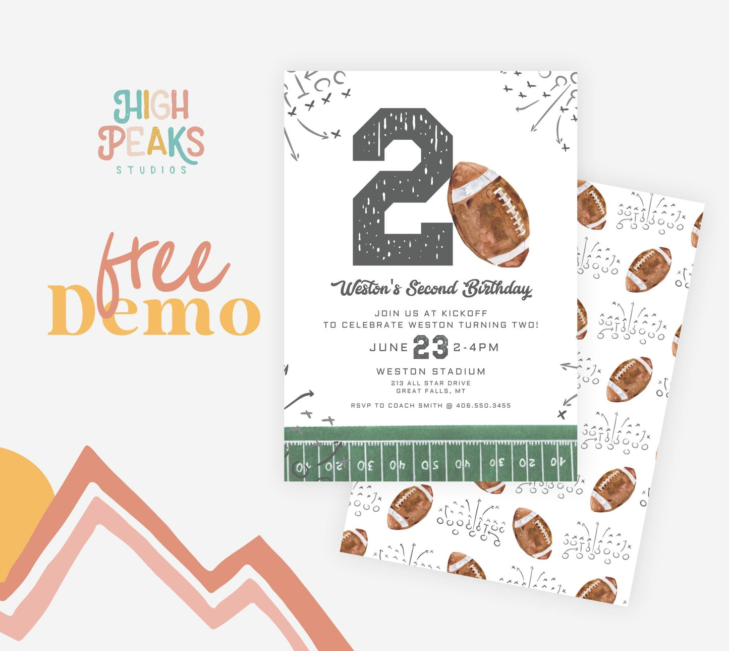 Football Second Birthday Invitation Printable - High Peaks Studios